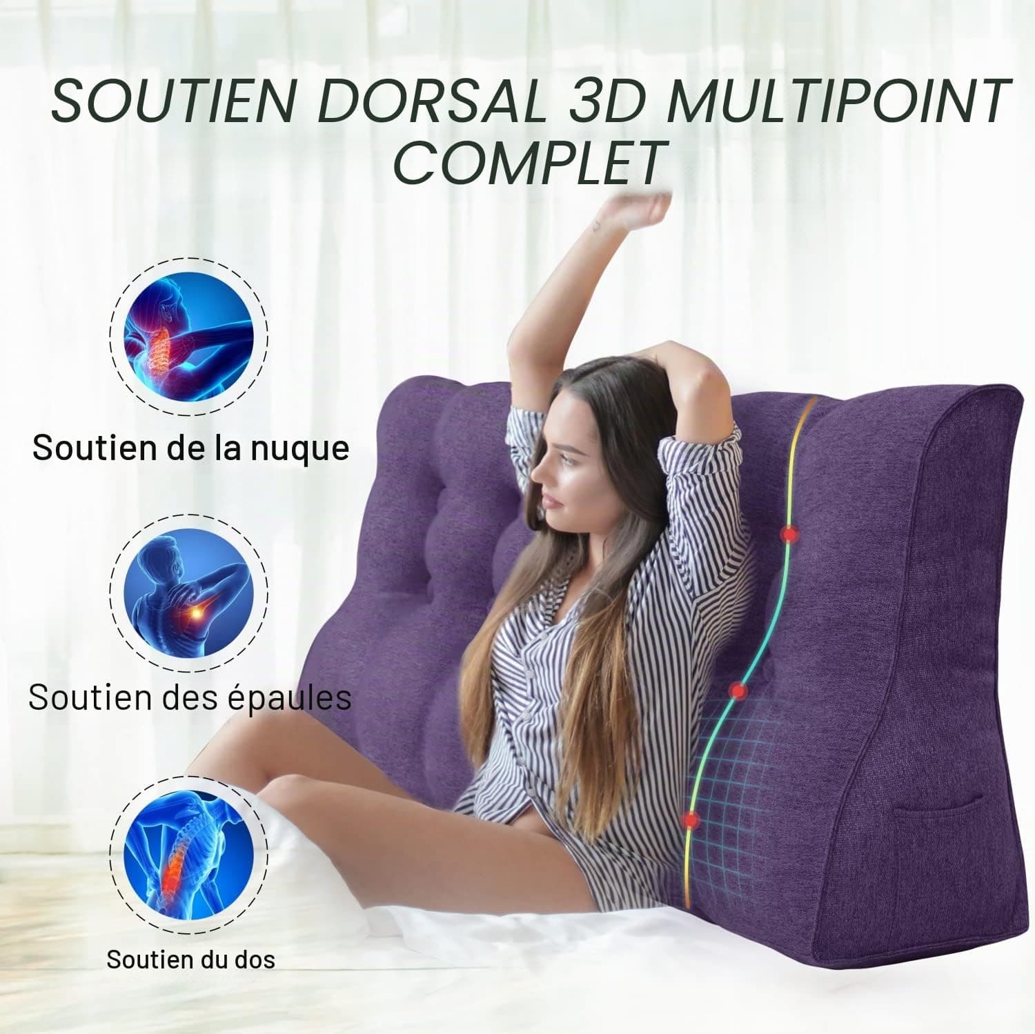 Coussins Triangulaires Gros Coussin Dossier Canapé Oreiller de Lecture Les Gros Coussin de Canapé Coussin Tete de Lit A Une Variété D'utilisations Violet 120 CM