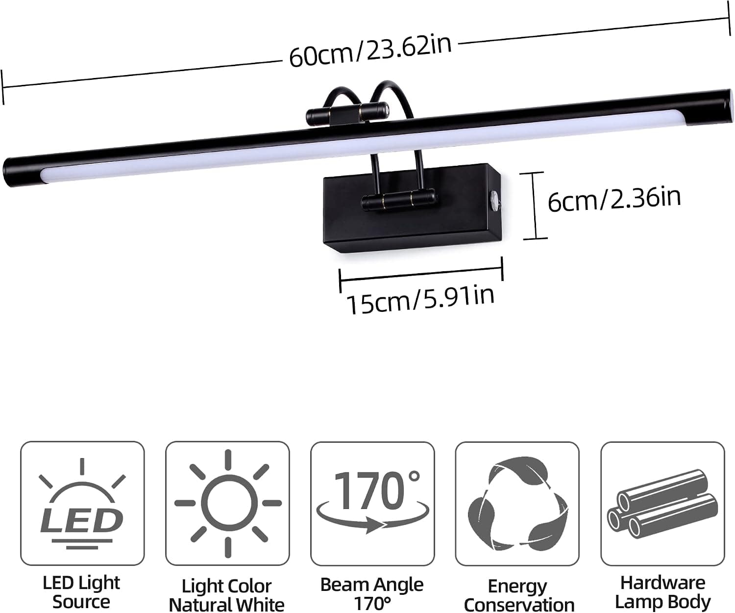 Lampe à LED Salle de Bain 60cm 12W 3 Températures de Couleur Réglables Variation Tactile Tête Pivotante Applique Murale Arc Bras pour Tableau