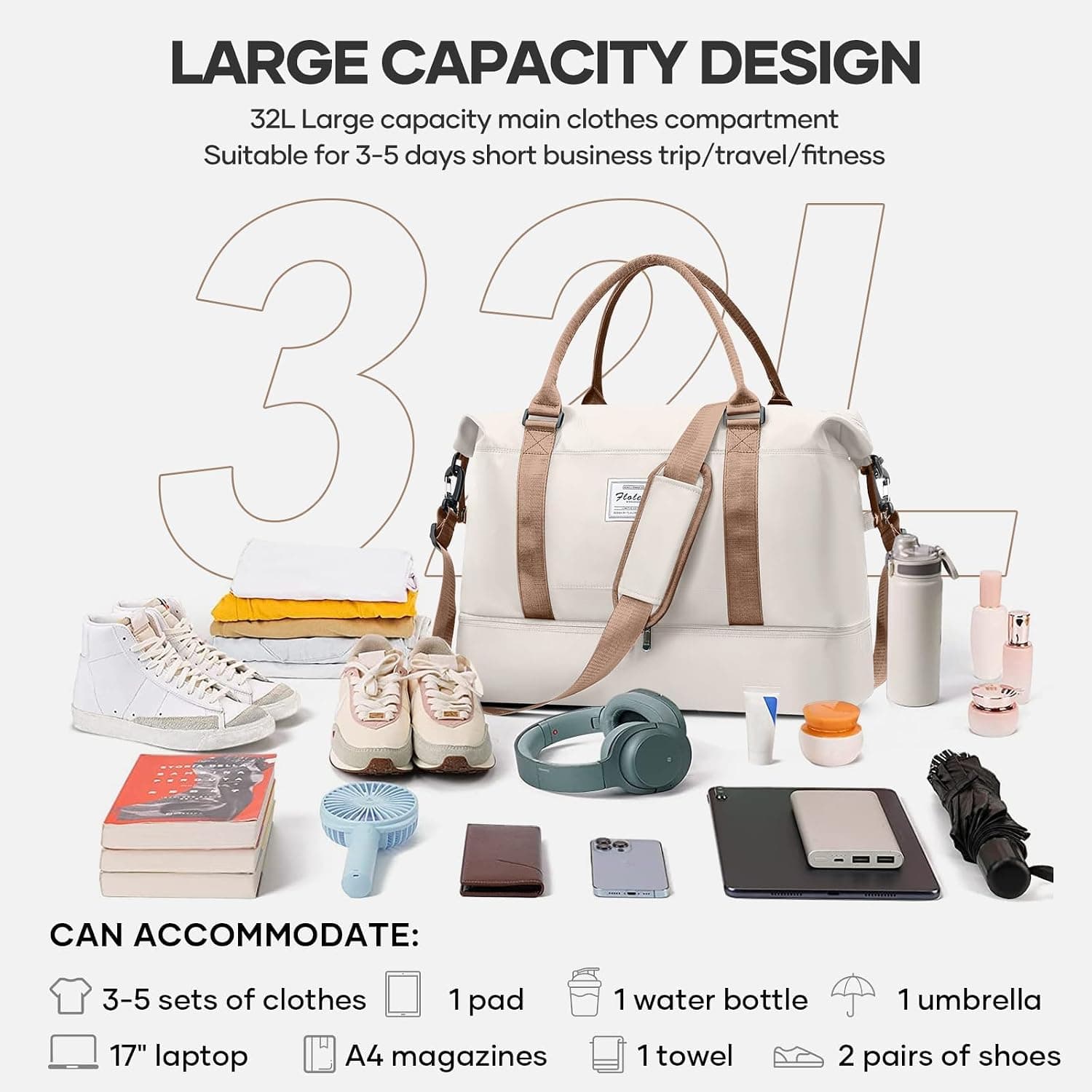 Sac de Voyage 45x36x20 pour Easyjet,Bagage à Main Léger, Sac fourre-Tout de Sport Imperméable pour Week-End avec Compartiment à Chaussures pour Travel Gym Danse,A01-Beige Marron