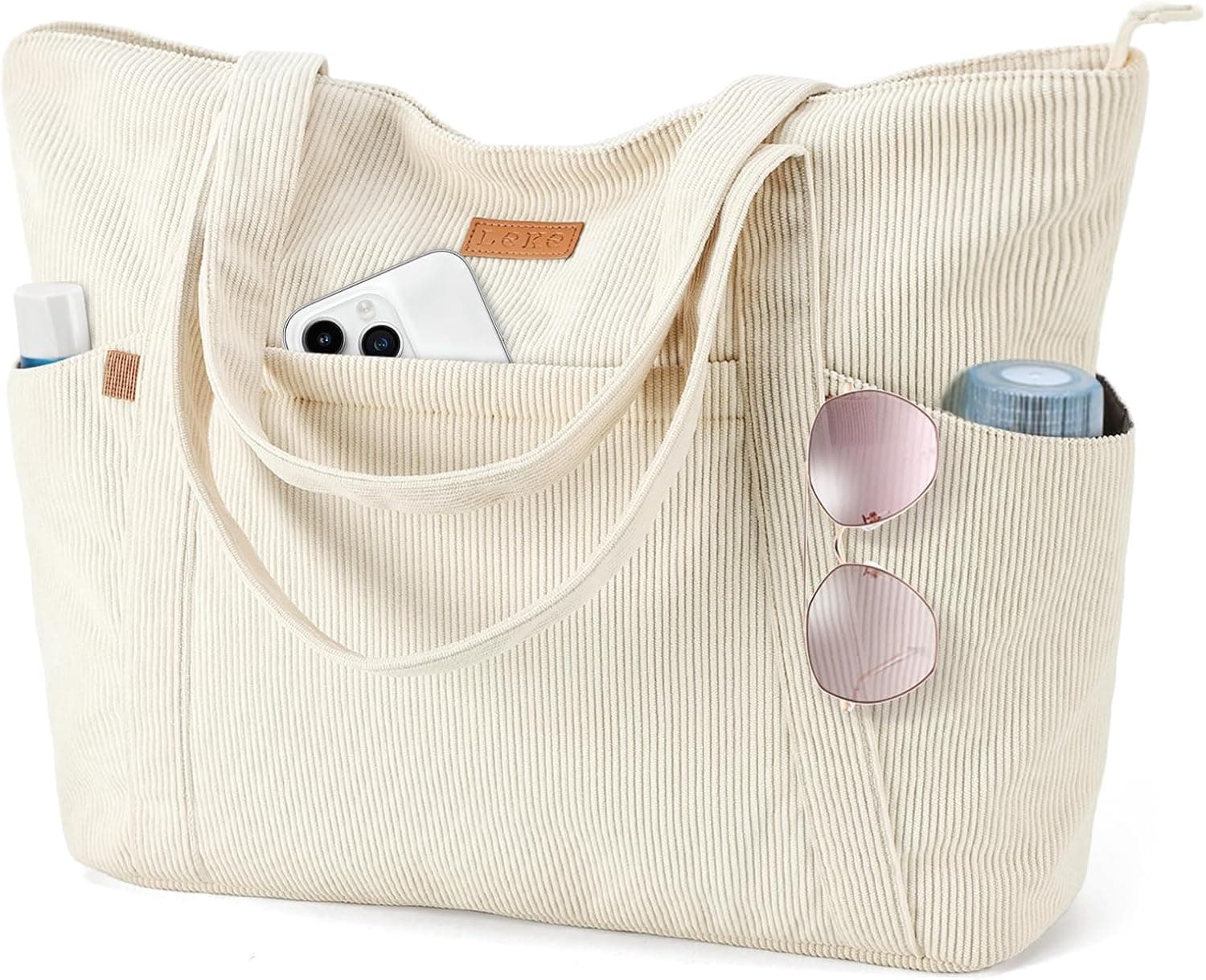 Lekesping Sac Fourre-Tout Femme Grand en Velours Côtelé, Bandouliere Cabas avec Fermeture Éclair et Poches, Léger Sac a Main Ordinateur 17 Pouces pour Voyage Shopping Université et Usage Quotidien