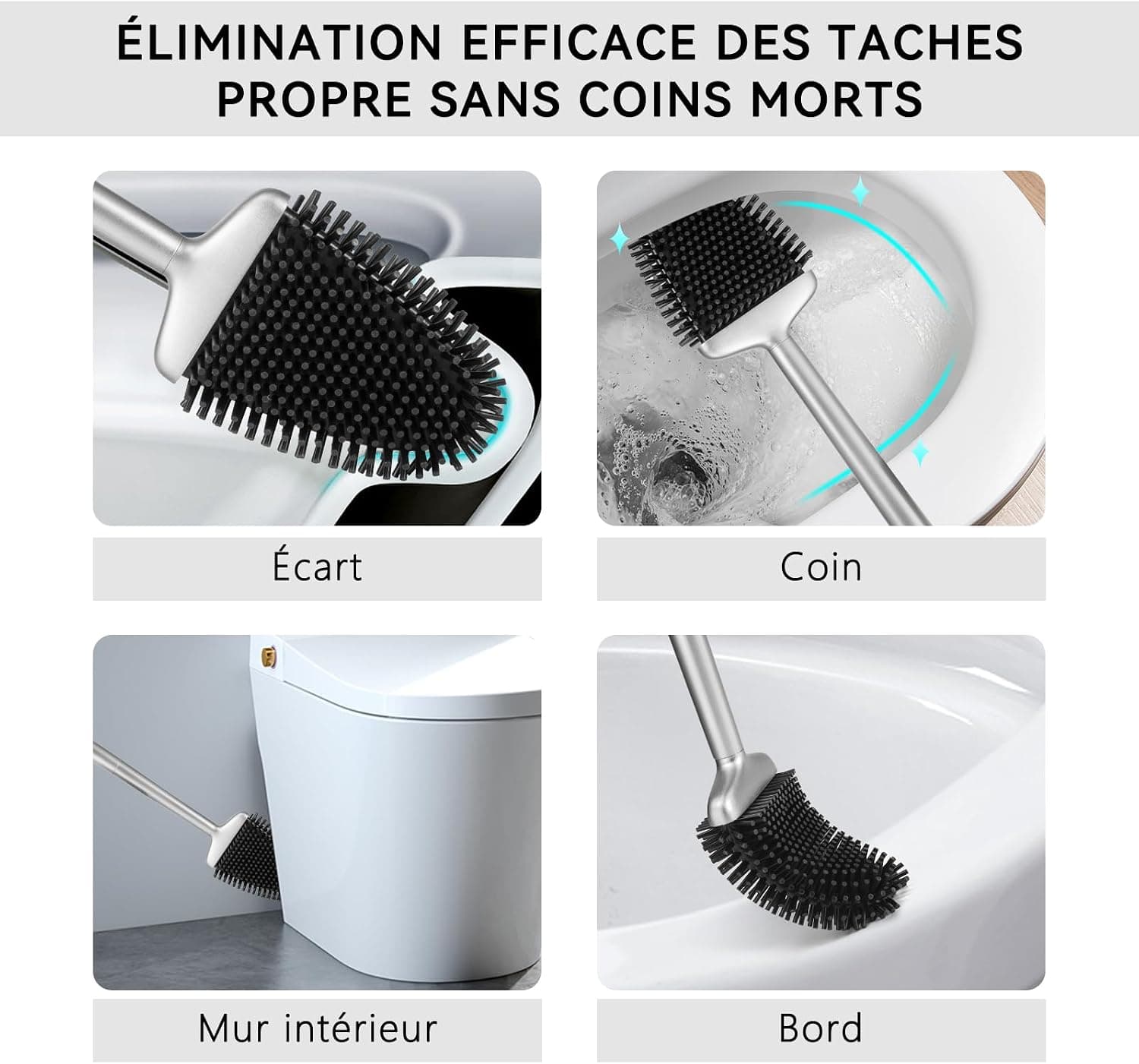 Fowooyen Brosse Toilettes WC Silicone, Balayette avec Support, Argent