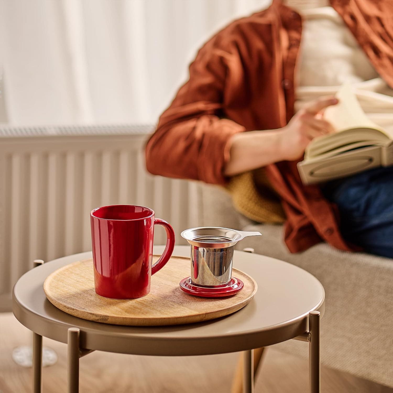 Cosumy Tasse à Thé avec Infuseur et Couvercle 400ml Grand - Céramique - Reste Chaud Longtemps (Rouge Rubis)