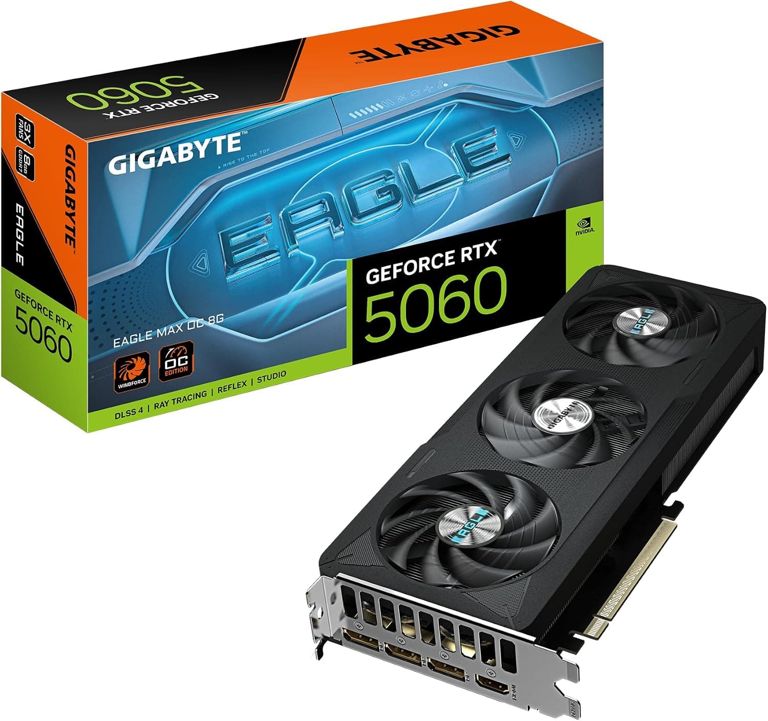 GIGABYTE GeForce RTX 5060 Eagle Max OC 8G Carte Graphique – 8 Go GDDR7, 128 Bits, PCI-E 5.0, fréquence cœur 2550 MHz, 3 x DisplayPort, 1 x HDMI, NVIDIA DLSS 4, GV-N5060EAGLEMAX OC-8GD 1.0