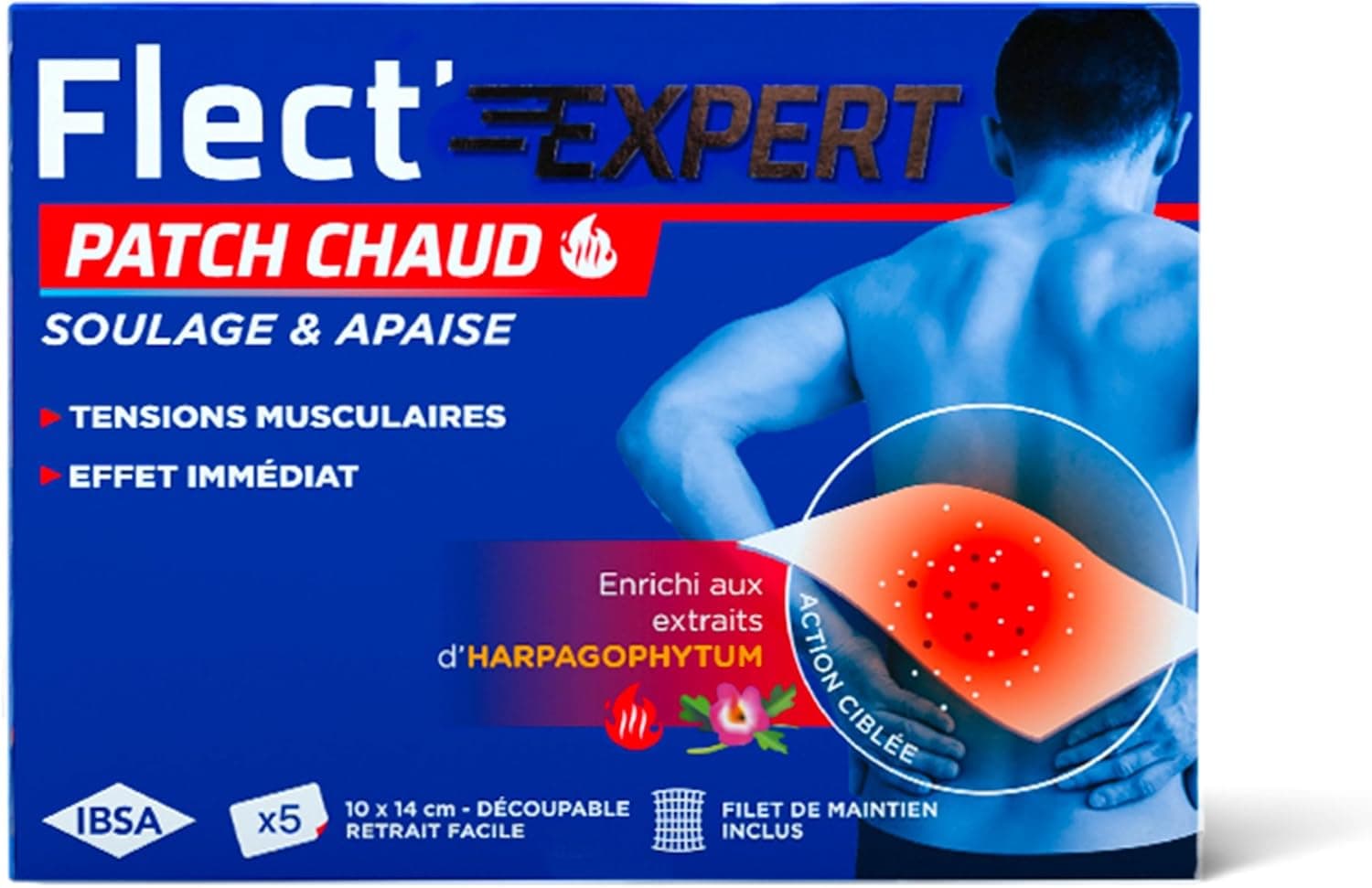 IBSA Pharma - Flect'Expert Patch Chaud - Tensions Musculaires Localisées - Apaise et Soulage - Extraits d'Harpagophytum - Technologie Hydrogel - Boîte de 5 Patchs + Filet de Maintien - Cosmétique