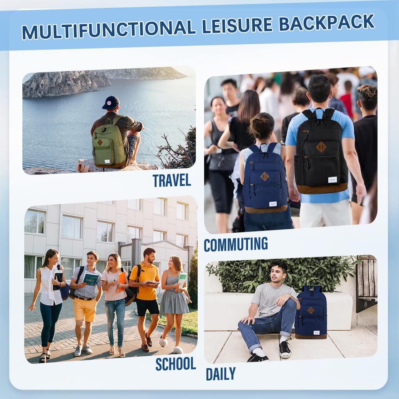 Chase Chic Sac À Dos Homme Femme - Sac D'école Antivol Sac De Ville D'affaires Loisirs Résistant à L'eau Pour College Travail École Voyage Adolescent étudiants 18,8L Noir
