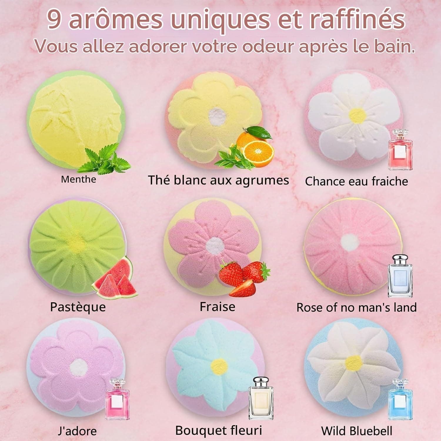 Coffret cadeau de 9 bombes de bain, cadeau d'anniversaire, sels de bain gazéifiés, huiles essentielles, bombe de bain, hydratant pour la peau (bombe de bain en forme de fleur)