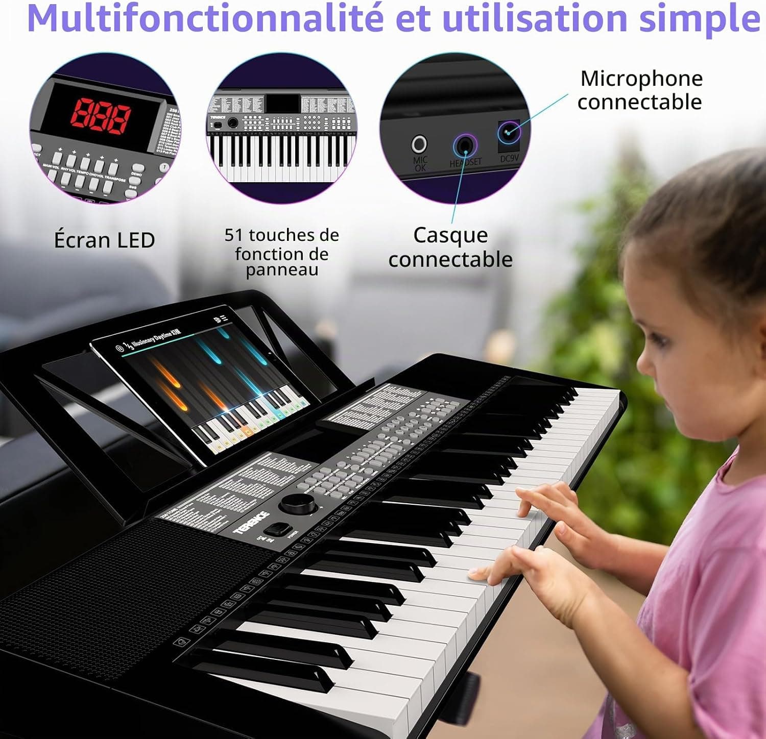 TERENCE Piano Numérique 61 Touches Double Haut-parleur HiFi Clavier Piano avec 51 Touches de Fonction Affichage LED Double Clavier 2 Options d'alimentation Support pour Casque et Microphone