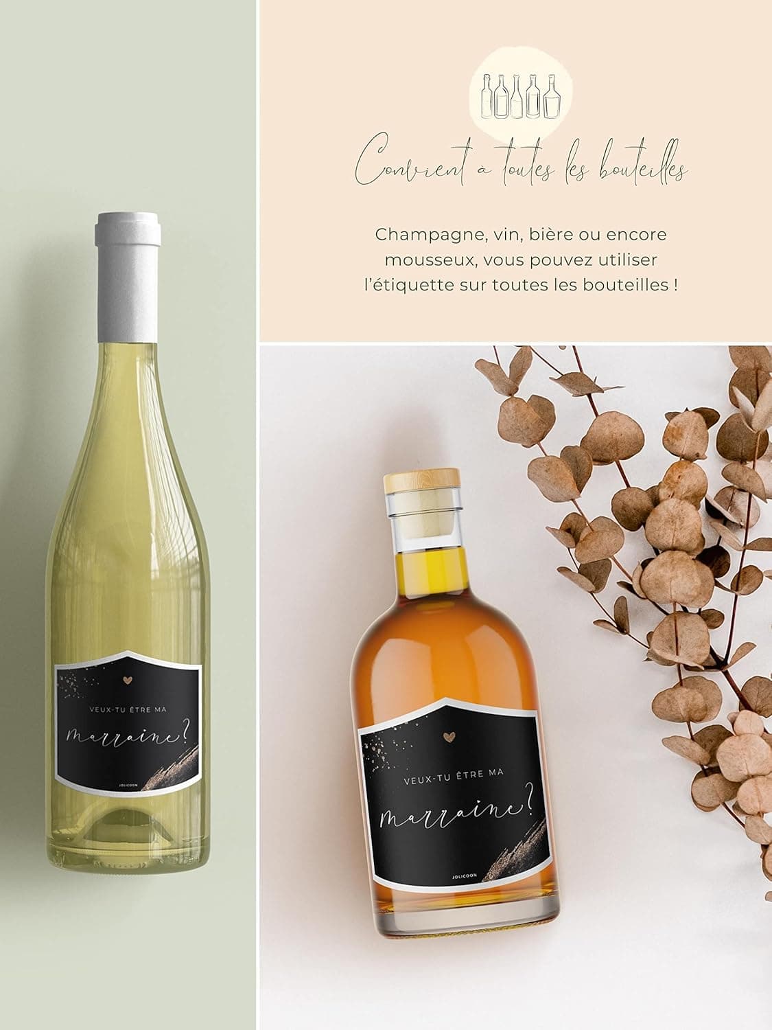 JoliCoon Étiquette bouteille Veux-tu être ma marraine, demande marraine | Papier nacré structuré, forte adhérence, pour bouteilles de vin, de champagne, de prosecco et autres formes de bouteilles