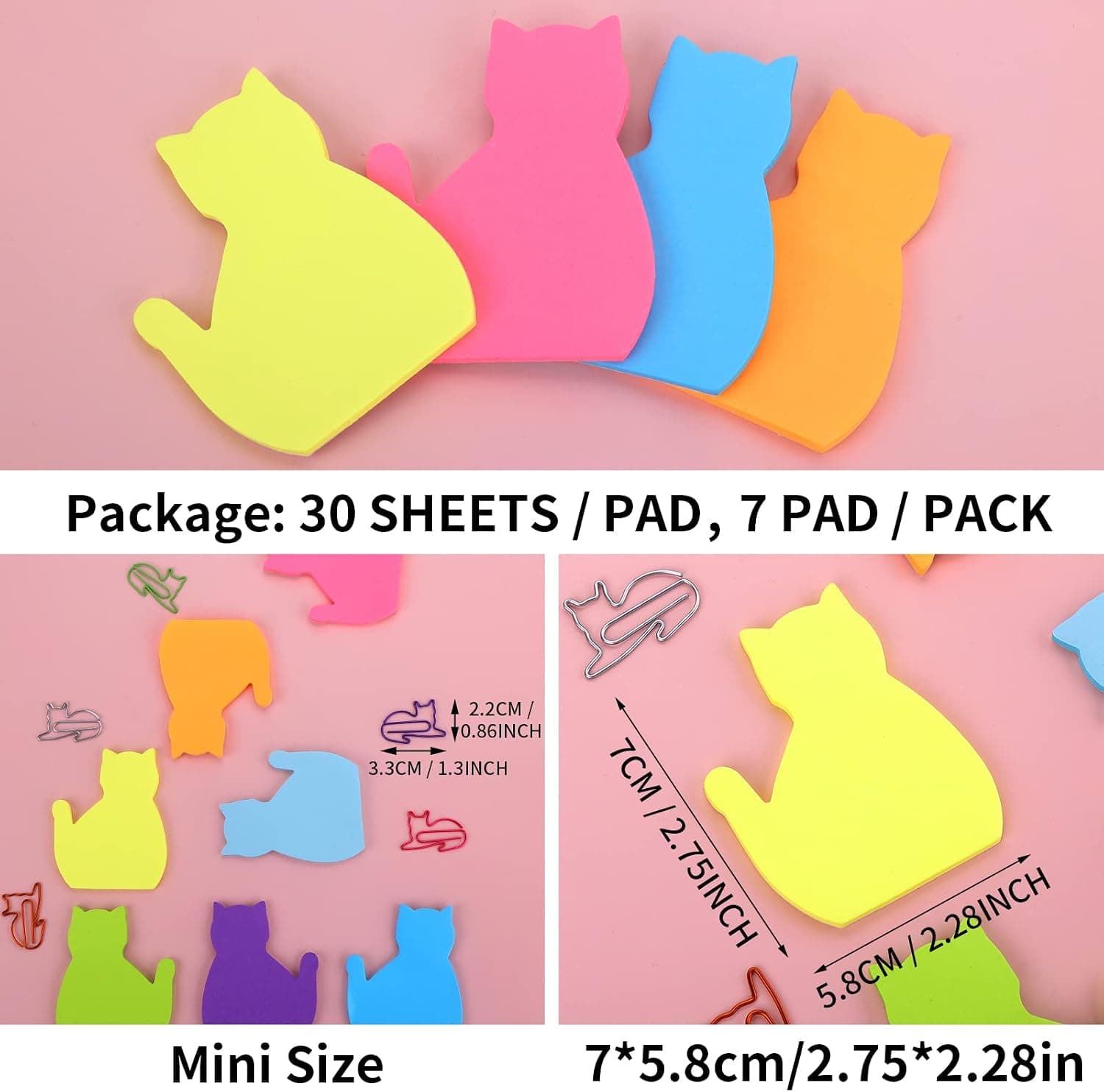 Molain Lot de 7 blocs de notes autocollantes en forme de chat avec trombones, 210 feuilles Multicolore 7 x 5.8 cm