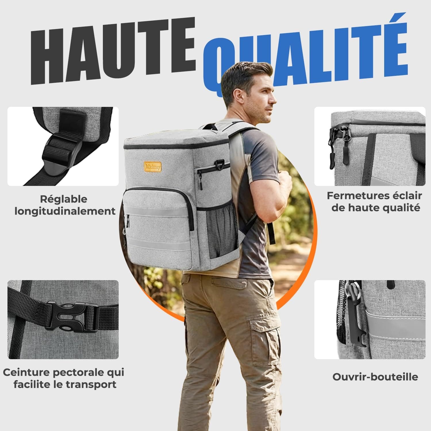 Sac à Dos Isotherme 30L Pliable - Grand Capacité, Maintient au Frais 24H, Léger et Imperméable pour Pique-Nique, Plage, Voyage, Pêche, Barbecue, Gris