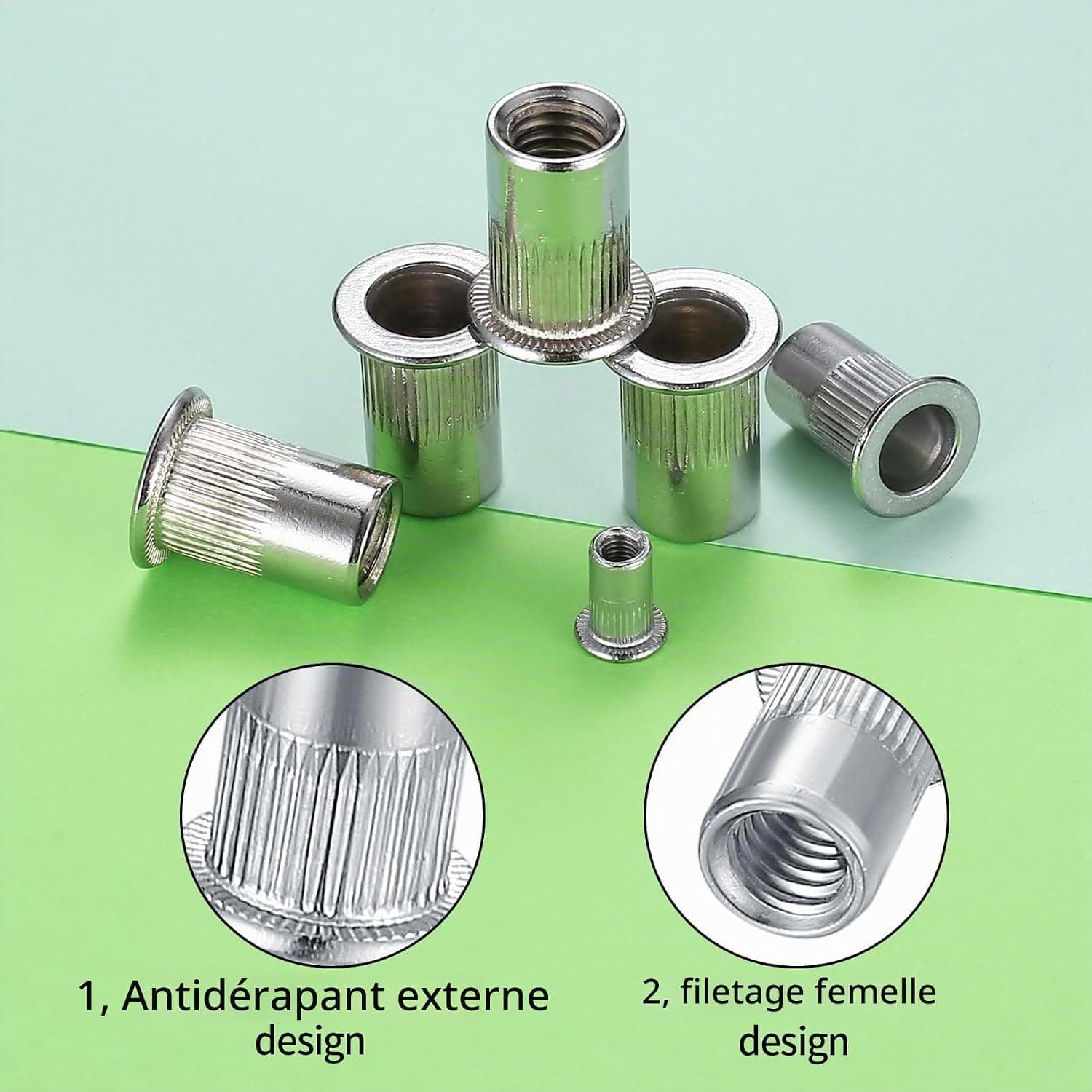 165 Pièces Écrou à Rivet, Écrous à Rivets, M3 M4 M5 M6 M8 Écrous Fileté à Tête Plate, Écrous à Riveter à Insert Fileté en Acier Inox, Inserts Filetés pour Métal, Bois, Aluminium