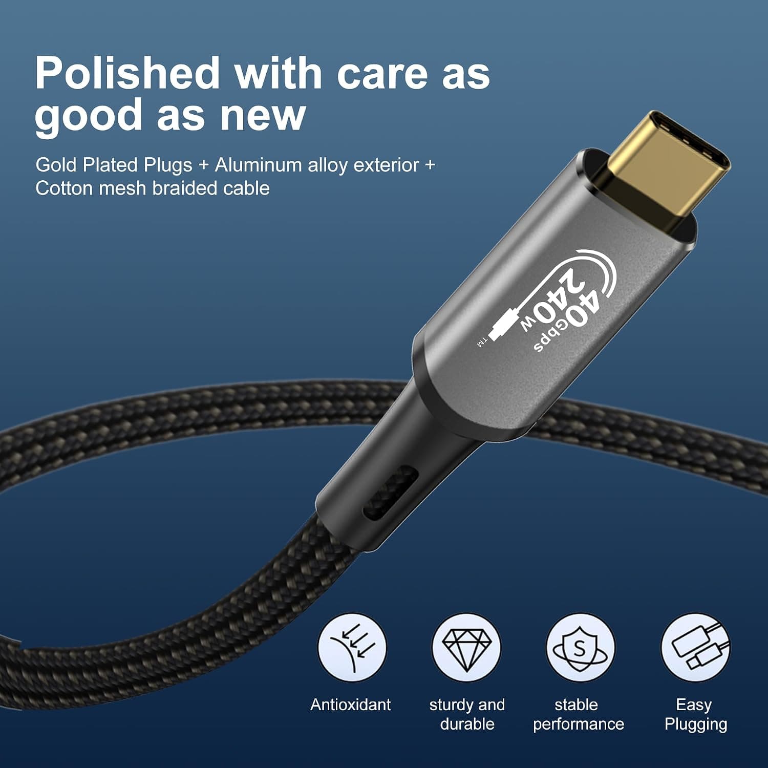 Câble d'extension USB 4 Thunderbolt 4 240 W 8K USB C M/M Charge rapide 40 Gbit/s Câble de transmission de données 8K @ 60 Hz 4K @ 144 Hz Compatible avec MacBook M1 M2 M3 (0,5 m)