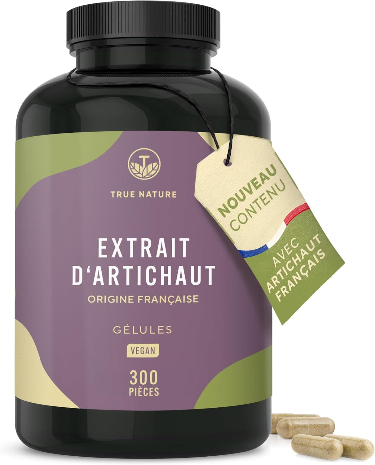 Extrait d'Artichaut Français - 2.400mg avec 2,5% Cynarine - 300 Gélules (2,5 mois) - Confort Digestif, Foie & Détox - Vegan - Sans: Additifs, Lactose & Gluten - TRUE NATURE