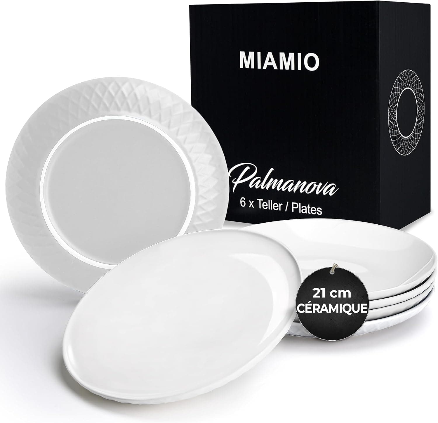 MIAMIO - lot de 6 assiettes céramiques 21 cm Palmanova (Blanc) pour cuisine | Assiettes en céramique pour repas et desserts, 21 cm, Palmanova (Blanc). Pratique pour les repas et boissons à la maison.
