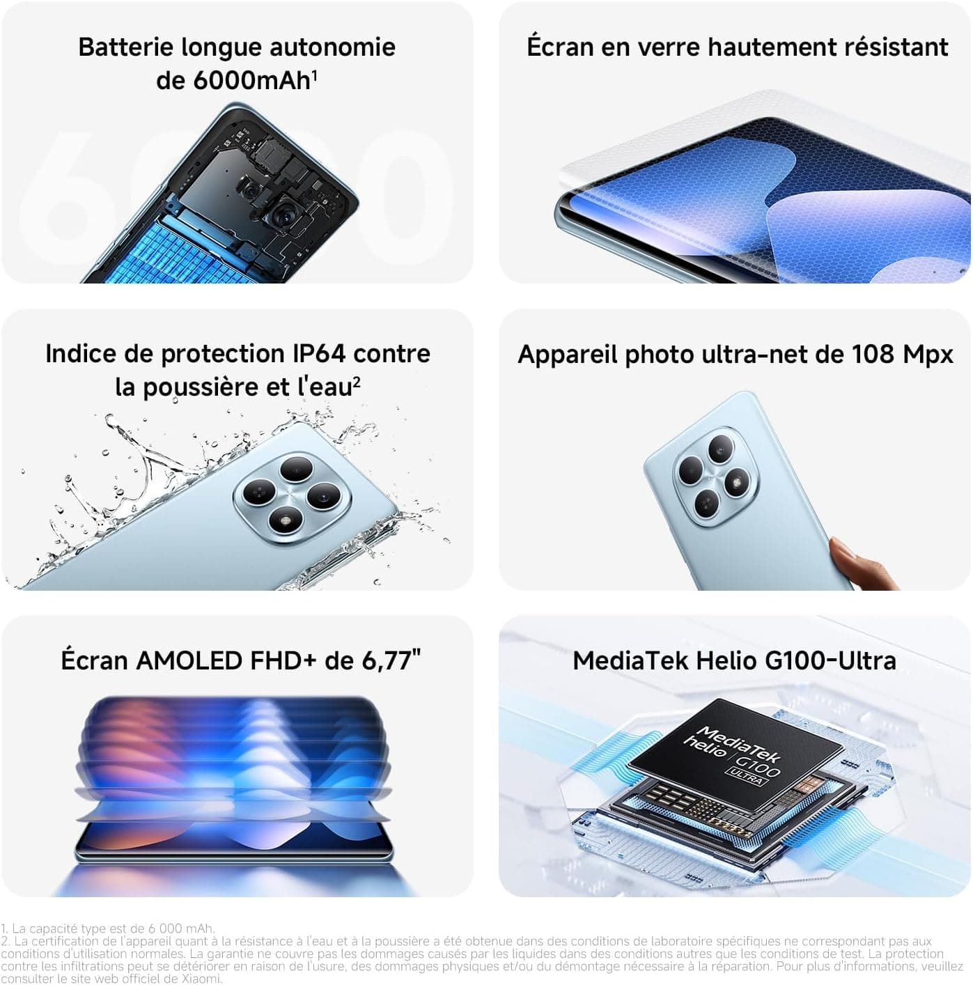 XIAOMI REDMI Note 15 Smartphone 8+256 Go Batterie 6000 mAh - Bleu Glacier | Écran FHD+ 6,77", résistance eau IP64, caméra 108 MP ultra-nette, 2 ans de garantie, chargeur non inclus