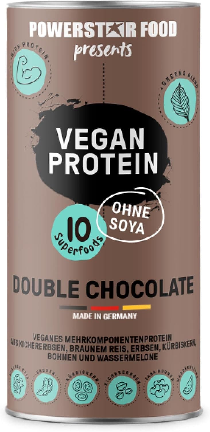 Powerstar PROTEINE VÉGÉTALE 500 g | Vegan protein powder sans soja | Poudre de protéines multicomposants enrichie de 10 superaliments | Fabrication en Allemagne | Musculaire | Chocolat double