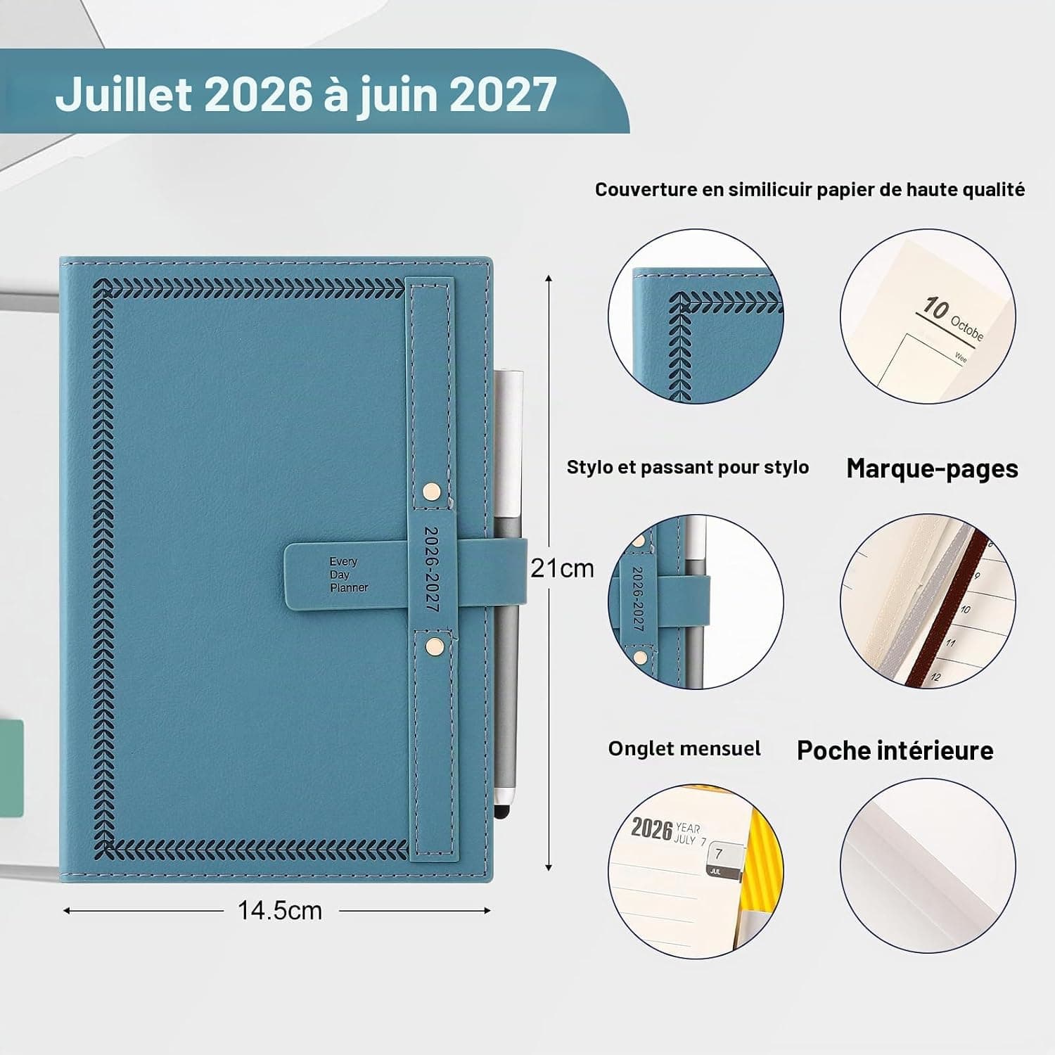 Agenda 2026-2027 format A5 une page par jour - Semestriel 2026-2027 de juillet 2026 à juin 2027 - Agenda mensuel journalier avec calendrier, stylo, porte-stylo, onglets mensuels, poche intérieure