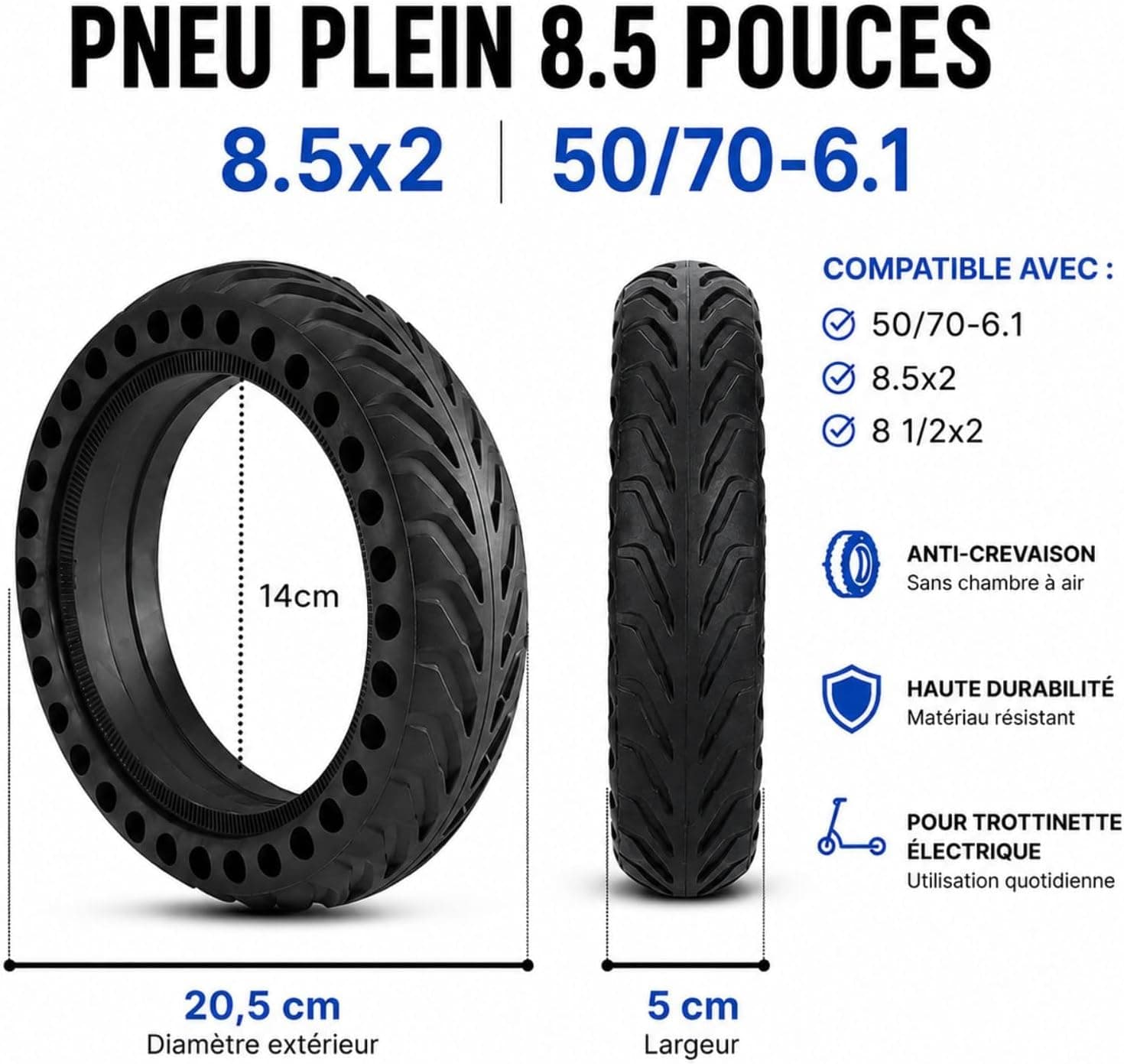 ANSENI Pneu Plein 8,5 Pouces Pneu de Remplacement Antidérapant pour Trottinette Électrique,Compatible avec Xiaomi M365/1S/Essential/Pro/Pro