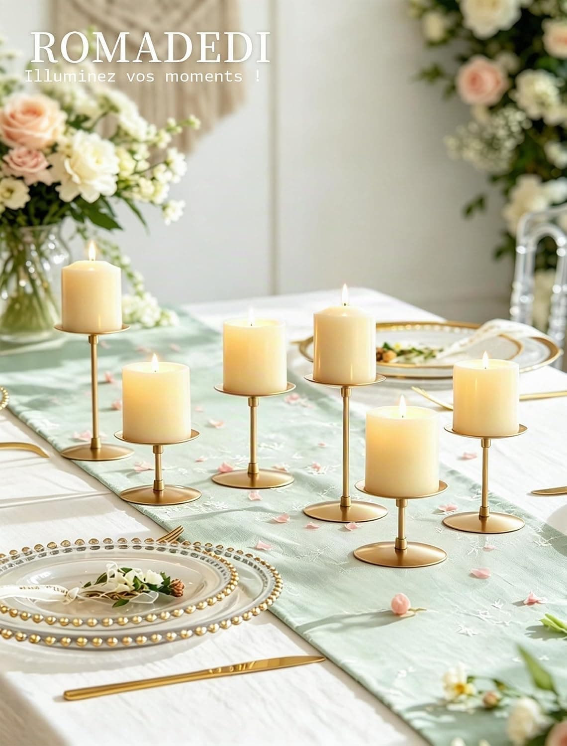 Romadedi Bougeoir Doré pour Bougies Pilier - Lot de 6 Bougeoirs Métal Moderne Décoration Centre de Table pour Mariage Noël L’Avent pour la Maison Salon Table Salle à Manger