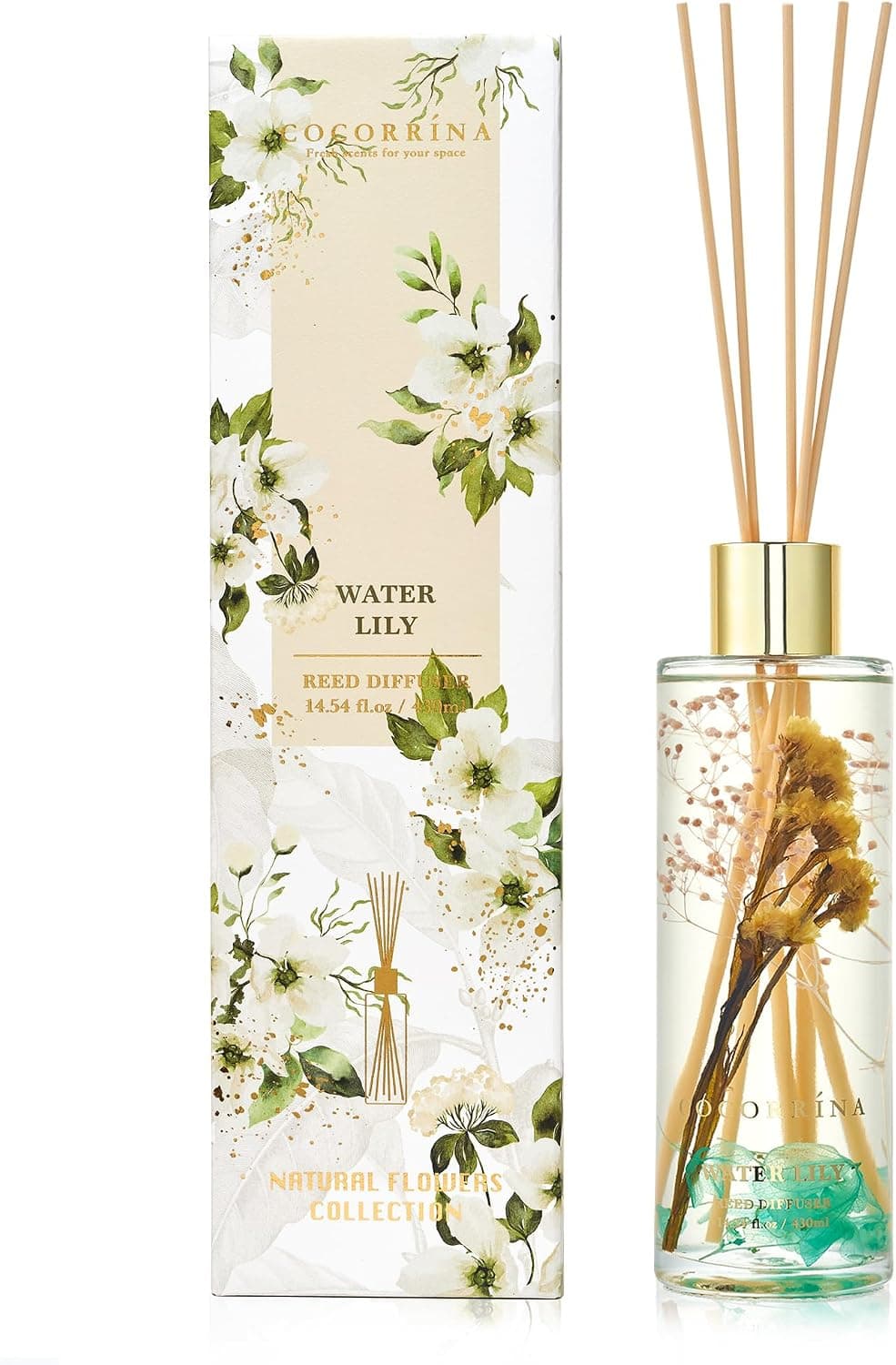 COCORRÍNA Diffuseur Parfum Maison, Nénuphar 430ml avec 8 bâtonnets Parfum de Maison pour Salle de Bain Chambre à Coucher Décoration d'intérieur