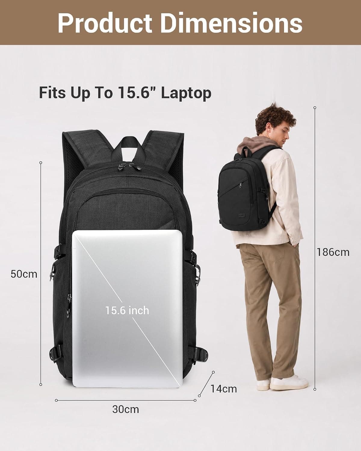 Kono Sac à Dos Ordinateur Portable Antivol avec Cadenas 15,6 Pouces Homme | Port USB, Compartiment PC Rembourré, Sac à Dos PC Portable, Homme Femme, Travail, Voyage, Vélotaf, Université, Noir