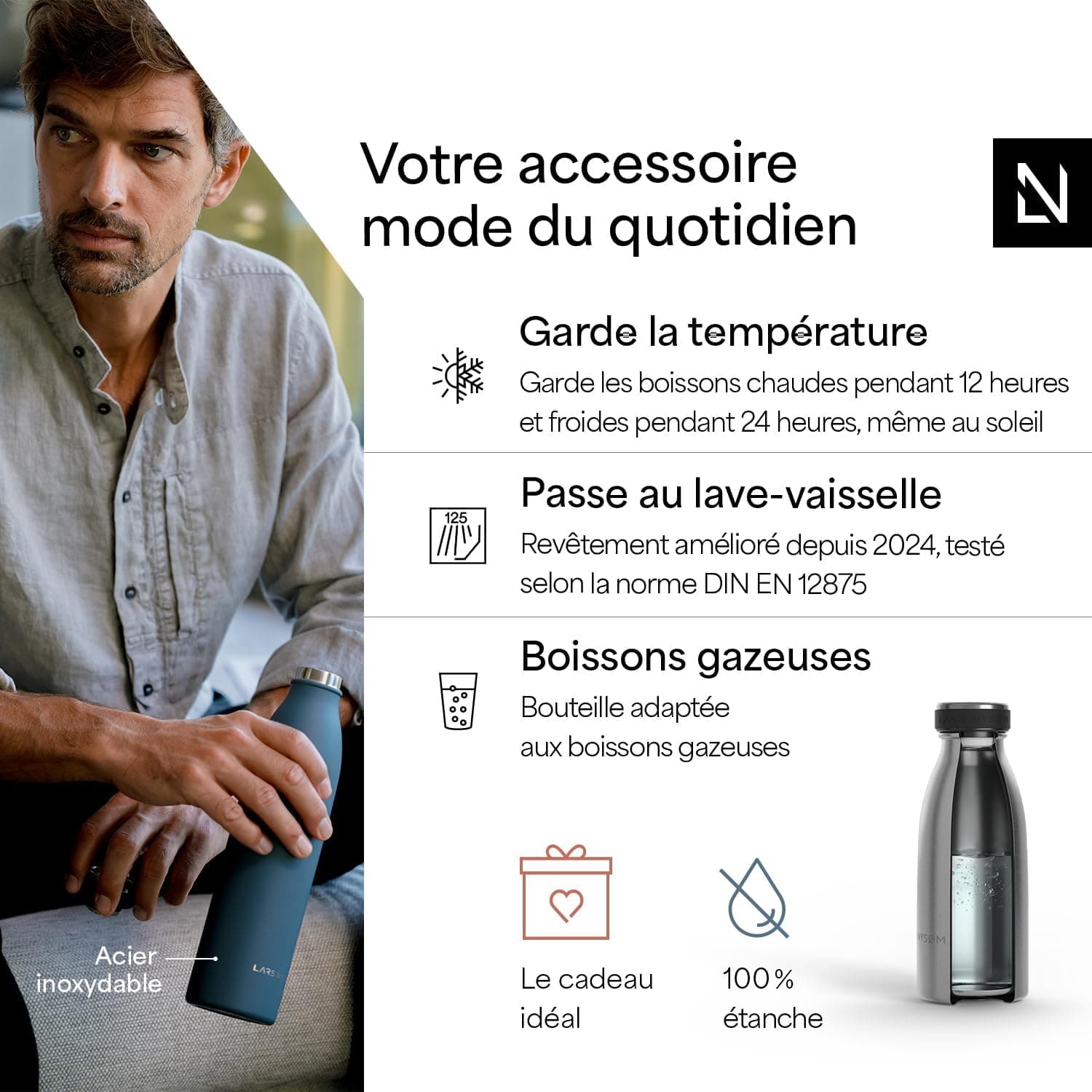 LARS NYSØM Gourde INOX 350ml | 0.35L Bouteille d’eau isolée | Gourde étanche pour Le Sport, la Bicyclette (Stainless Steel, 350ml)