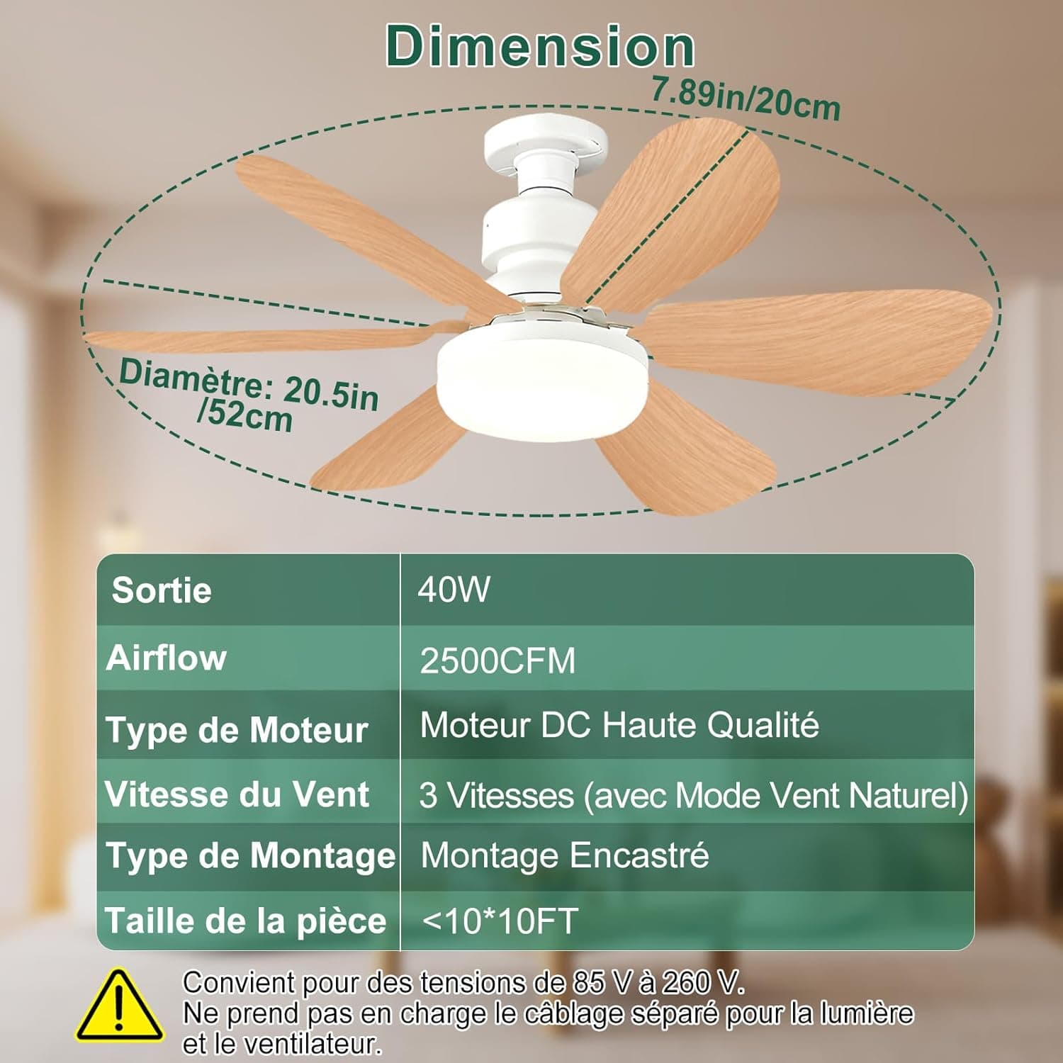 Ventilateur de Plafond avec Lumière et Telecommande, 52CM, Variateur 30W | 1800 Lumen 3000-6500K 3 Couleurs & 3 Vitesses, avec Douille E27, Petit Modèle pour Chambre, Cuisine