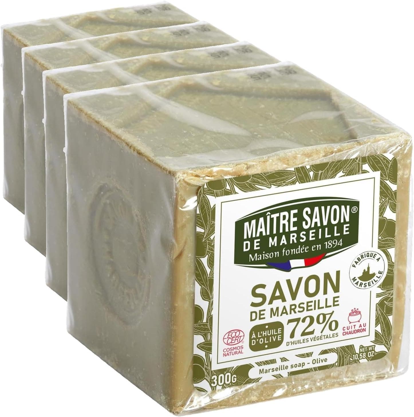 Maitre Savon de Marseille - Véritable Savon de Marseille à l'olive - 300g - ECOCERT Cosmos Natural (Lot de 4)