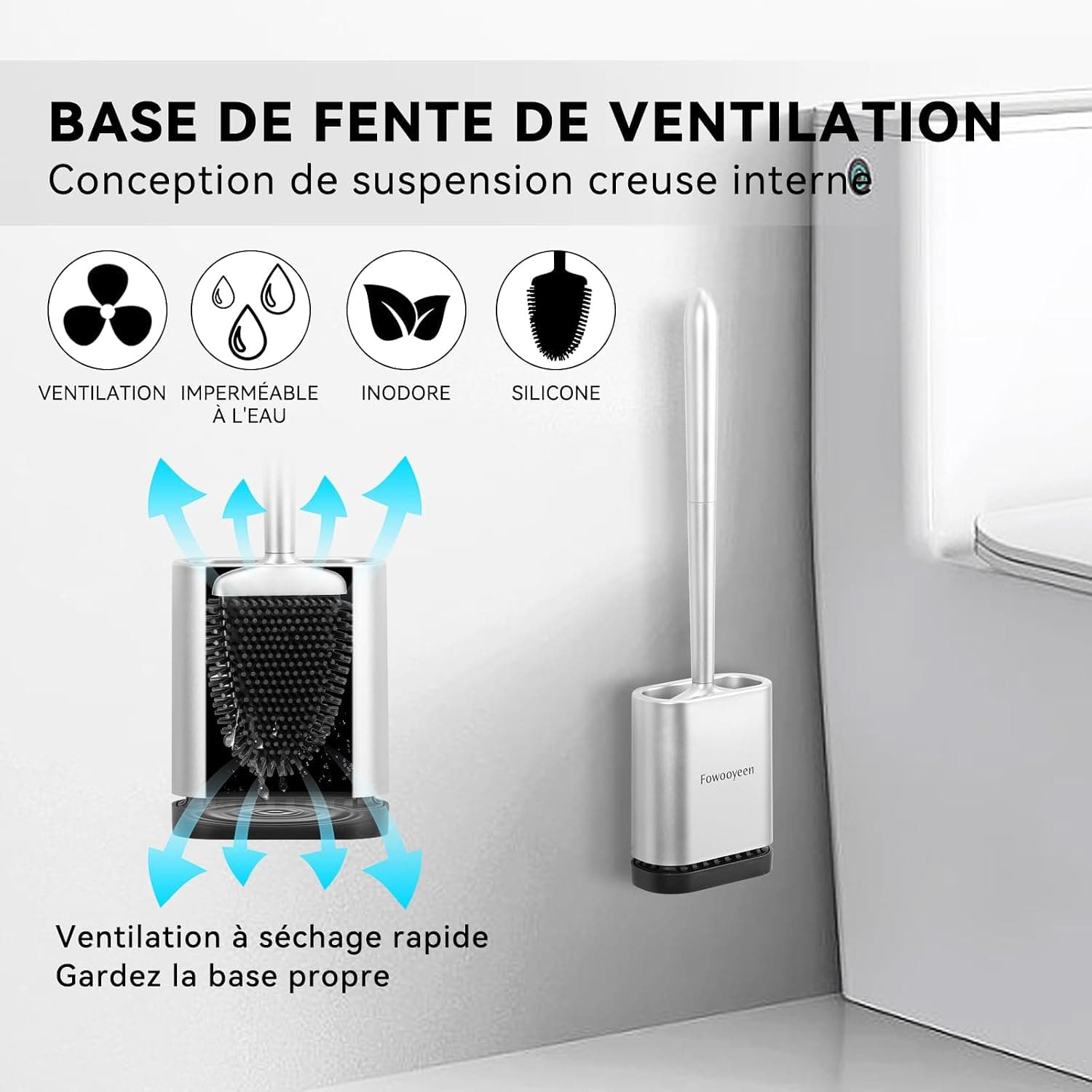Fowooyen Brosse Toilettes WC Silicone, Balayette avec Support, Argent