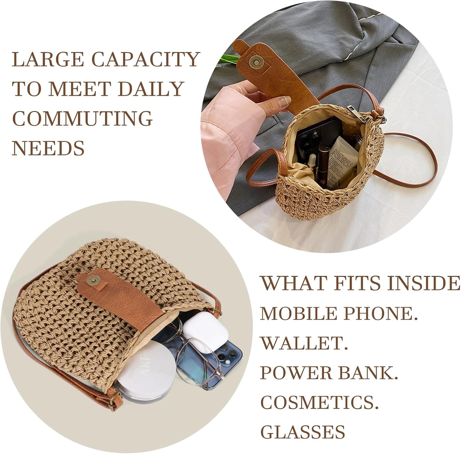 Sac en Paille Femme, Sac à BandoulièRe en Paille pour Femme, Style Boho Fait Main Avec Bandoulière et Fermeture Éclair, pour Plage, Voyage et Prendre des Photos