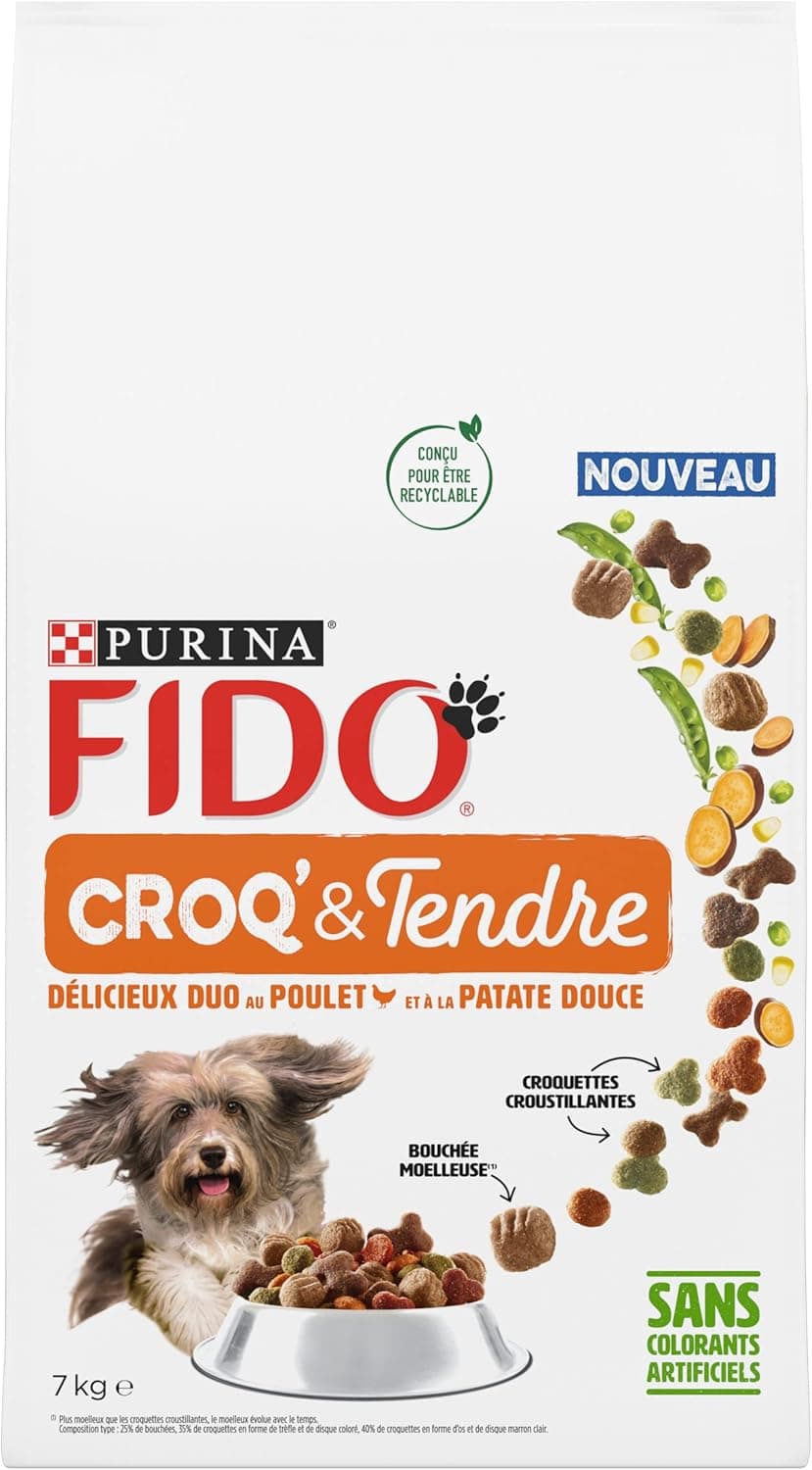 FIDO Croq et Tendre - Croquettes Chien Poulet Patate Douce - Sac de 7 kg | Croquettes Chien Saveur Poulet Patate Douce - Enrichi en oméga 3 et 6 pour la peau et les Muscles - Alimentation Chien