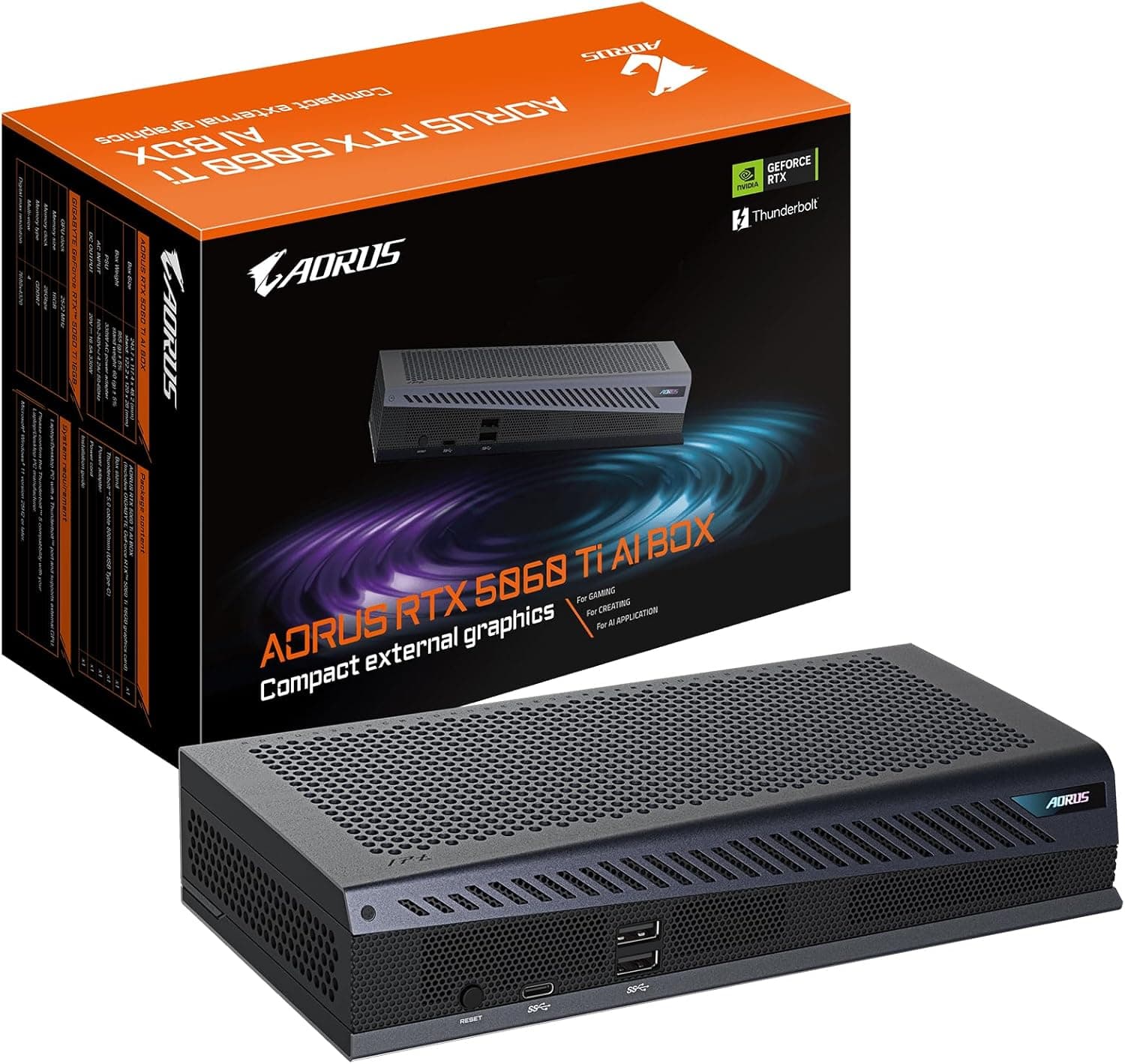 GIGABYTE AORUS RTX 5060 Ti AI Box Carte Graphique - 16GB GDDR7, 128bit, PCI-E 5.0, 2572MHz Fréquence du cœur, 3 x DP 2.1, 1 x HDMI 2.1, GV-N506TIXEB-16GD