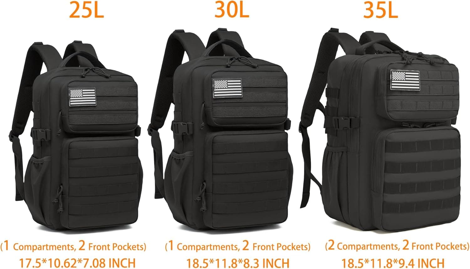 Sac à dos tactique militaire pour homme - Étanche - Sac d'assaut de 3 jours - Sac Molle avec porte-bouteille d'eau, Noir , 25L