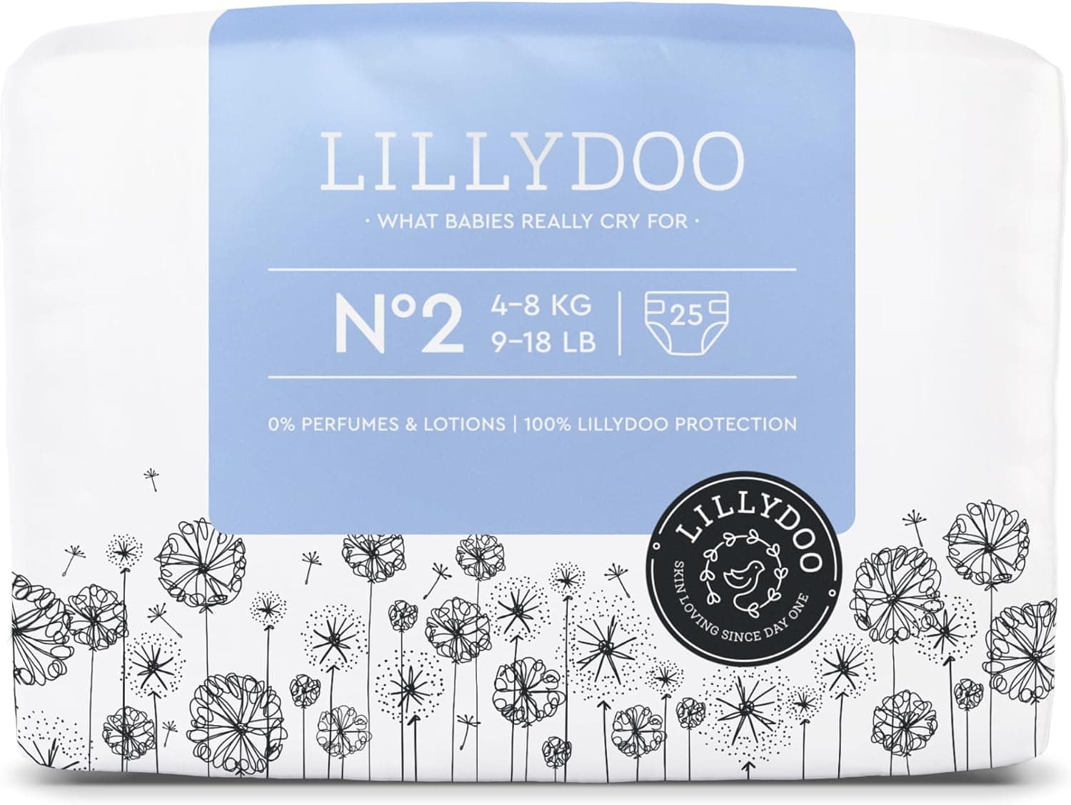 LILLYDOO - Couches Bébé Hypoallergéniques, Taille 2 (4-8 kg), 25 pièces, Ultra Douces et Absorbantes, sans Parfum et Lotion pour les peaux sensibles, Testées dermatologiquement