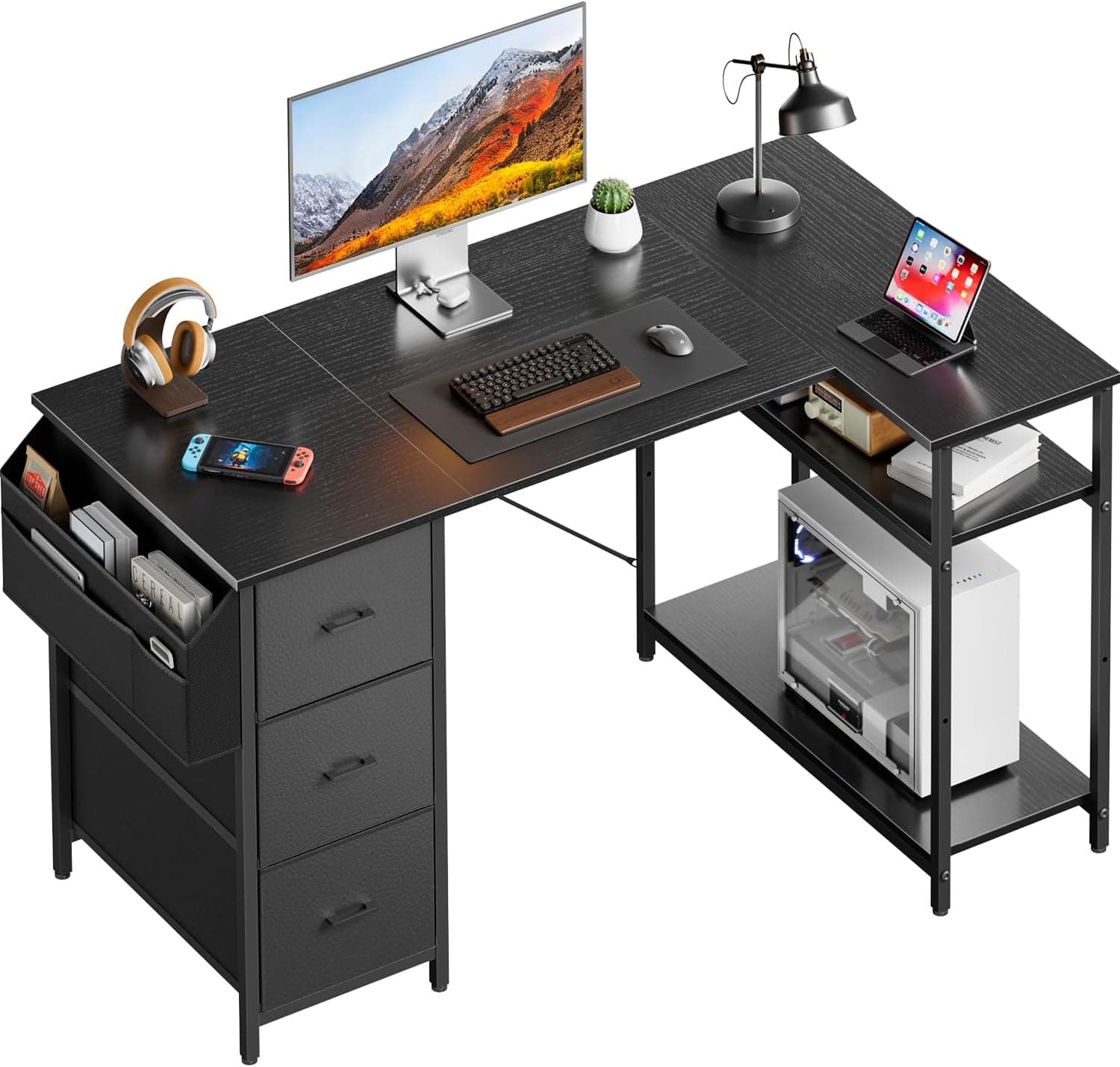 SOLAVERO Bureau d'angle avec Rangement et 3 Tiroirs, 120 x 78 cm, Noir