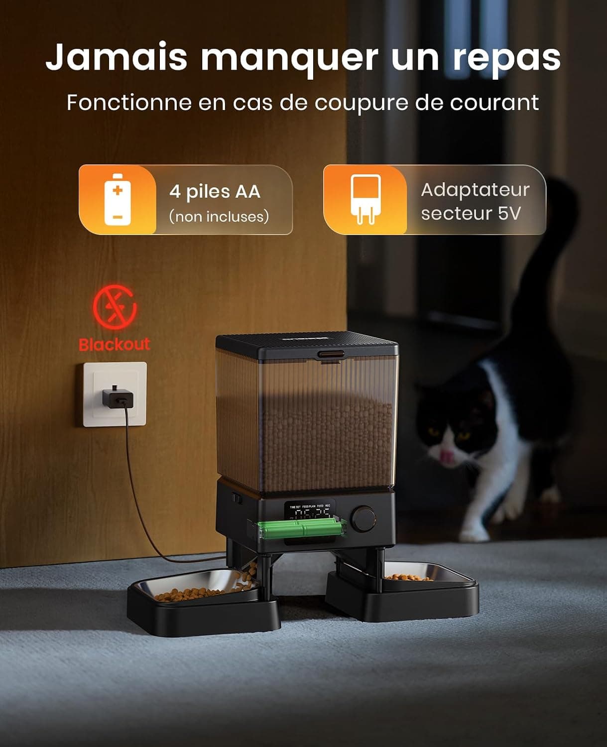 oneisall 5L Distributeur Croquettes Chat Automatique Double, 2 Bols INOX | Distributeur de Nourriture Programmable pour Chat/Chien, Enregistrement Vocal, Mangeoire Automatique à un Bouton Usage Facile