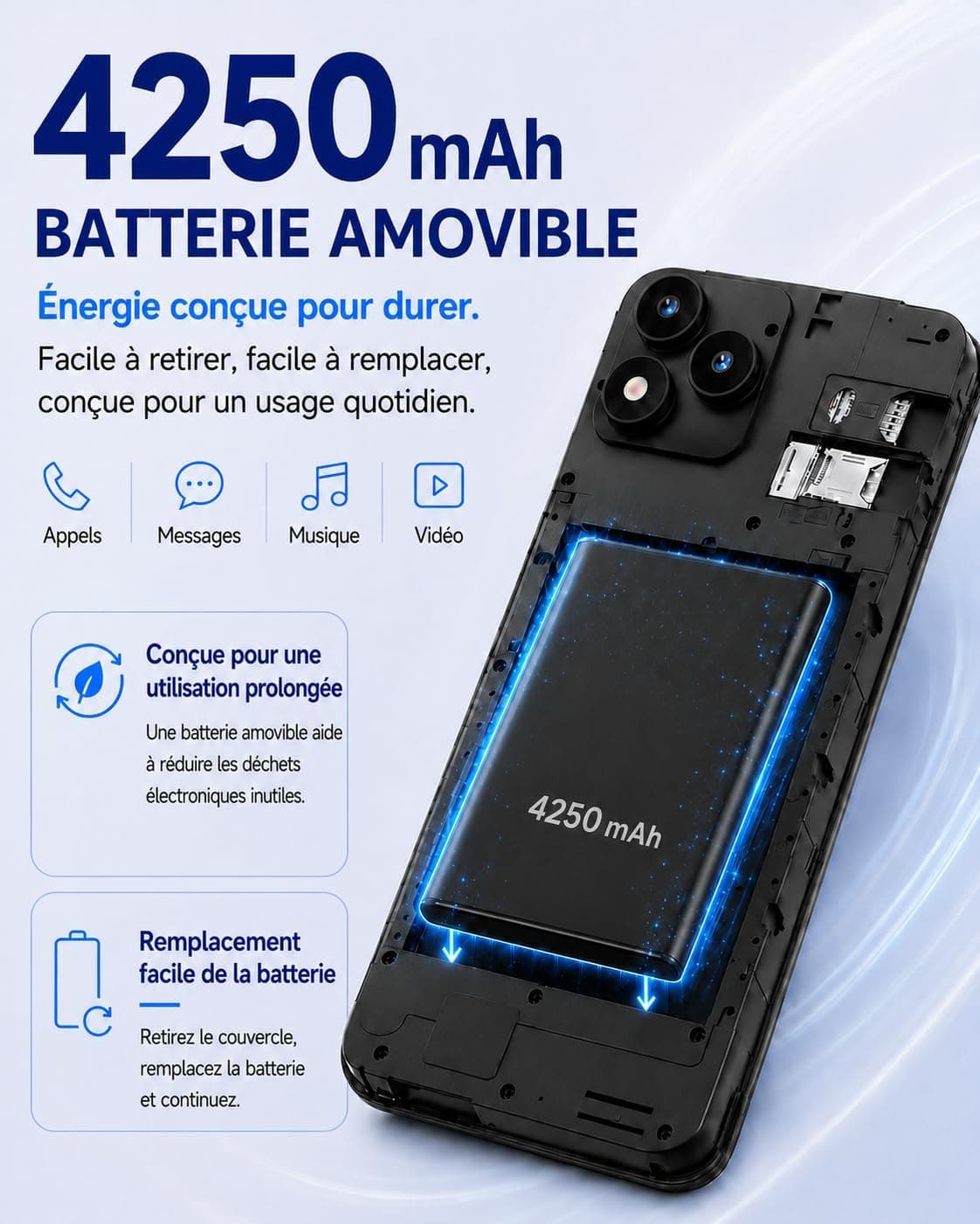 invens Note TK01 Téléphone Portable 4G débloqué, 7 Go RAM, 32 Go, HD+, Noir | Écran 6,5 pouces, batterie amovible 4250 mAh, double SIM, Face ID, caméra 16 MP, USB-C, jack 3,5 mm et extension TF à 256 Go.