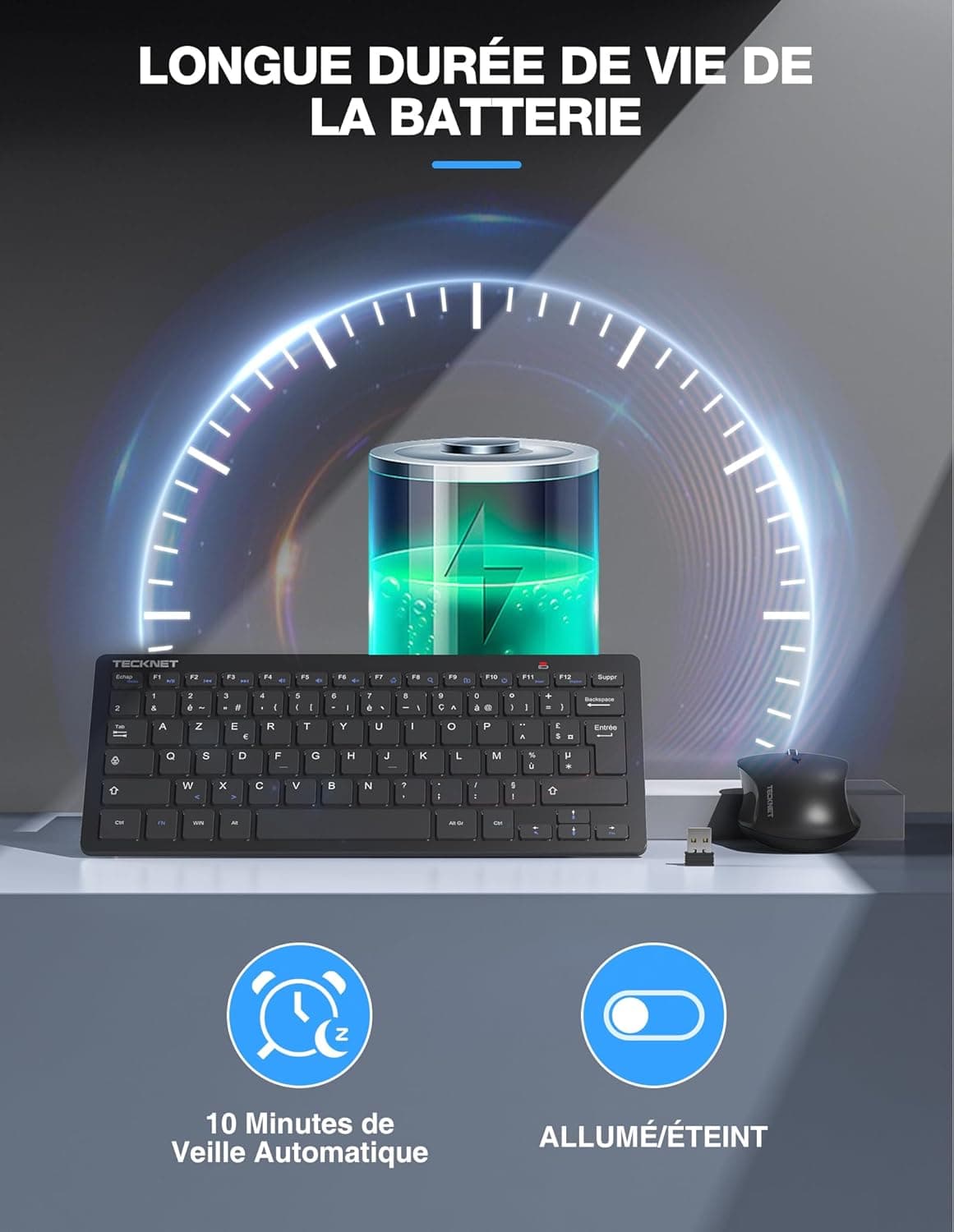 TECKNET Clavier et Souris sans Fil France AZERTY, 2.4G Silencieux, Noir | Récepteur Nano USB, 12 Raccourcis Multimédia, pour Ordinateur, PC, Ordinateur Portable, Ordinateur de Bureau