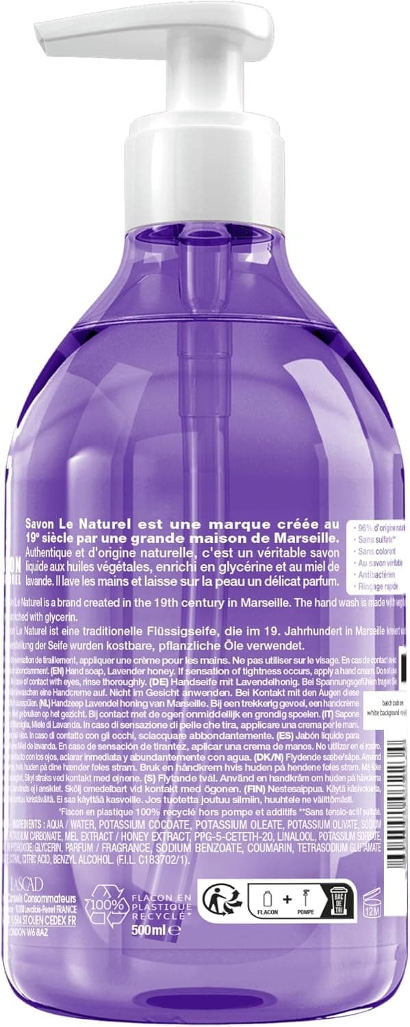 Le Naturel Savon Liquide Marseille Miel Lavande Tous Types Peaux 500ml