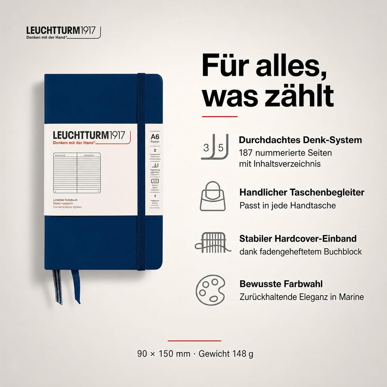 Leuchtturm1917 342918 Carnet Pocket A6 Ligné 185 pages numérotées Bleu marine