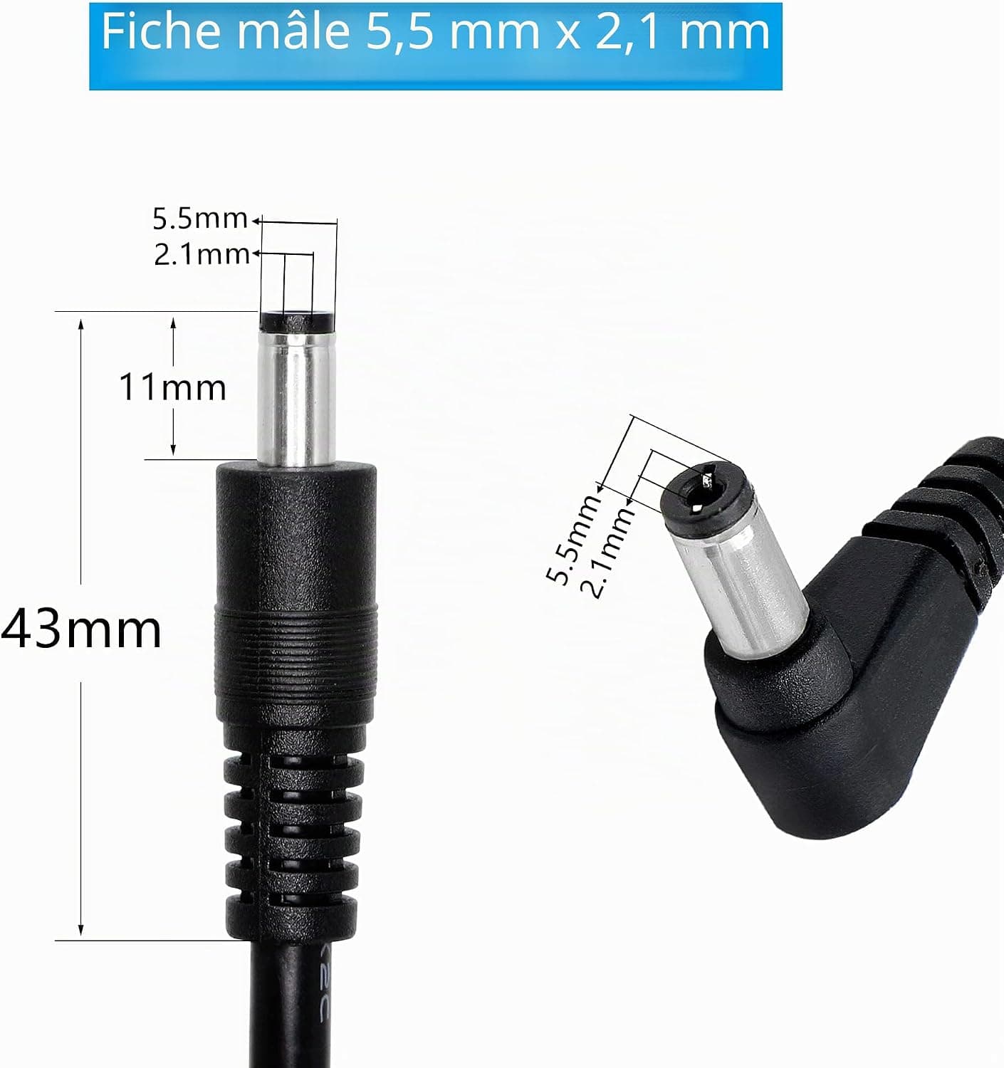 GINTOOYUN Lot de 2 câbles d'alimentation CC vers CC à angle droit - 24 AWG CC - 5,5 mm x 2,1 mm mâle vers fiche CC 90 degrés - Pour éclairage de bande, CCTV, voiture, etc