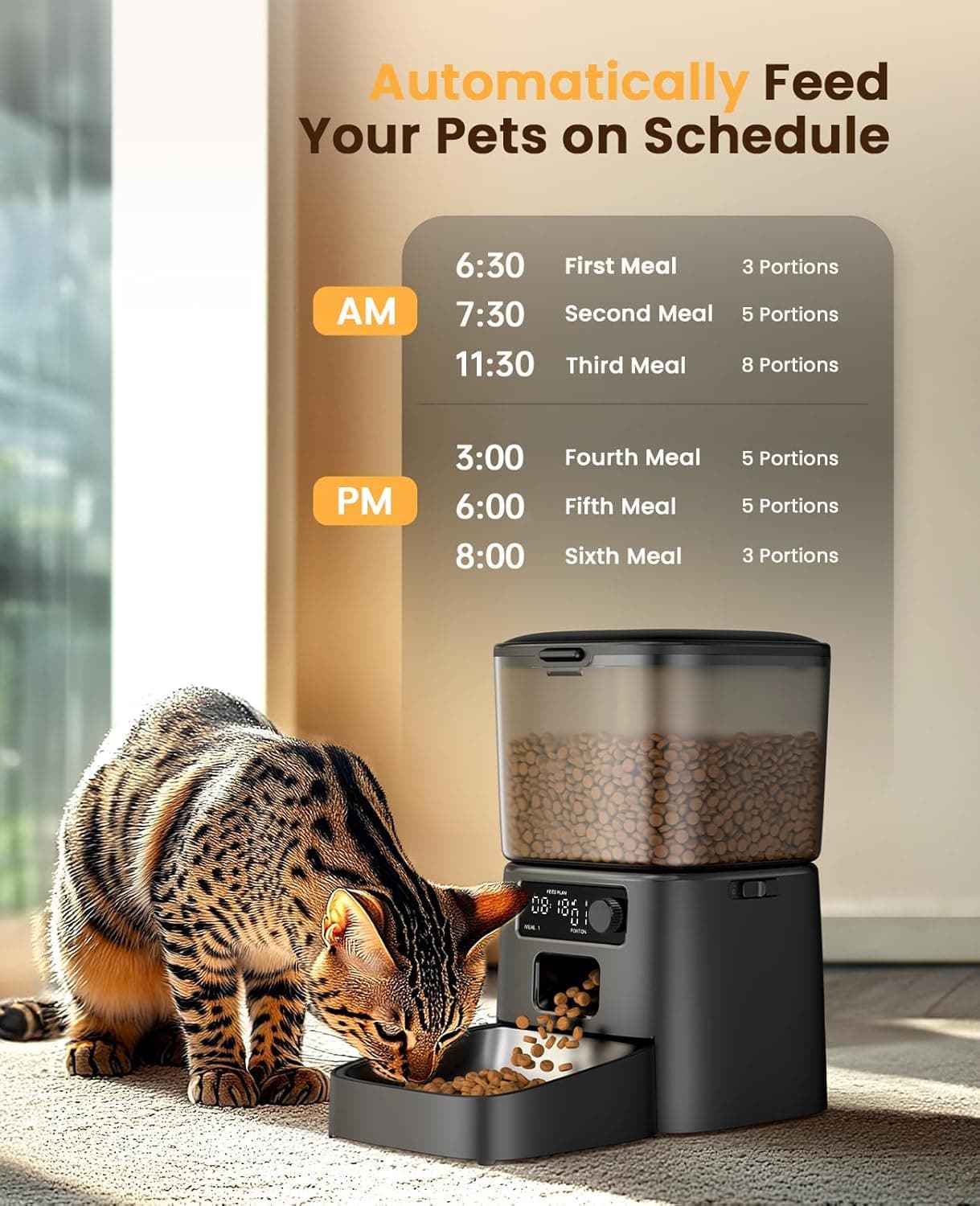 oneisall Distributeur Croquettes Chat Automatique, Gamelle Automatique 3.5L | Distributeur de Nourriture pour Chat/Chien, 1-6 Repas/Jour, Double Alimentation, Mangeoire Automatique à Un Bouton, Bol Inox