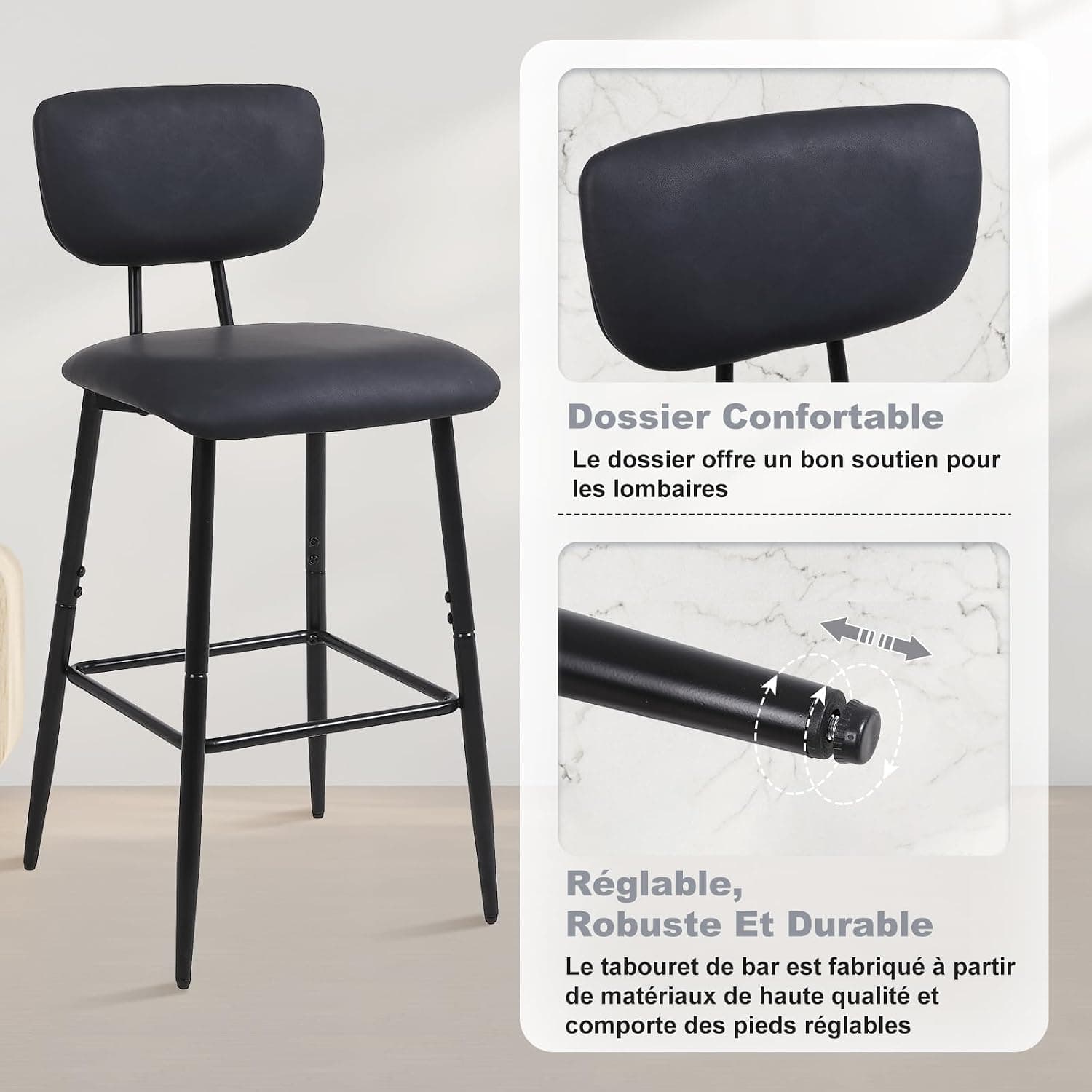 Tabouret de Bar Lot de 2, Chaise de Bar avec Dossier et Repose-Pieds, Tabourets Haute pour Cuisine Salle à Manger Bistro, Chaise 65 cm de Haut, Noir