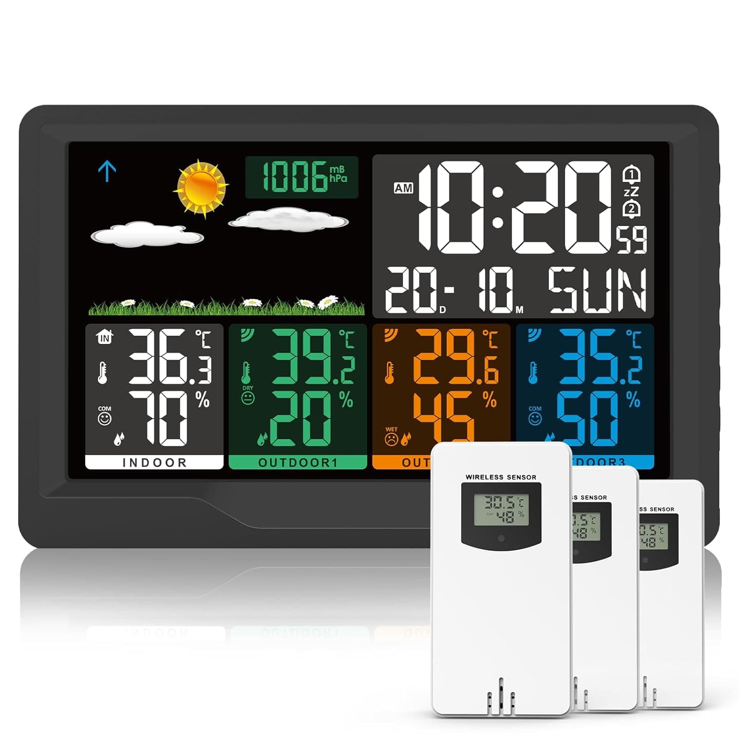 Station Meteo Interieur Exterieur Sans Fil avec 3 Capteurs, Écran Couleur, Station Météo avec Baromètres, Prévisions Météorologiques, Thermomètre Hygromètre, Affichage Température et Humidité, Réveil