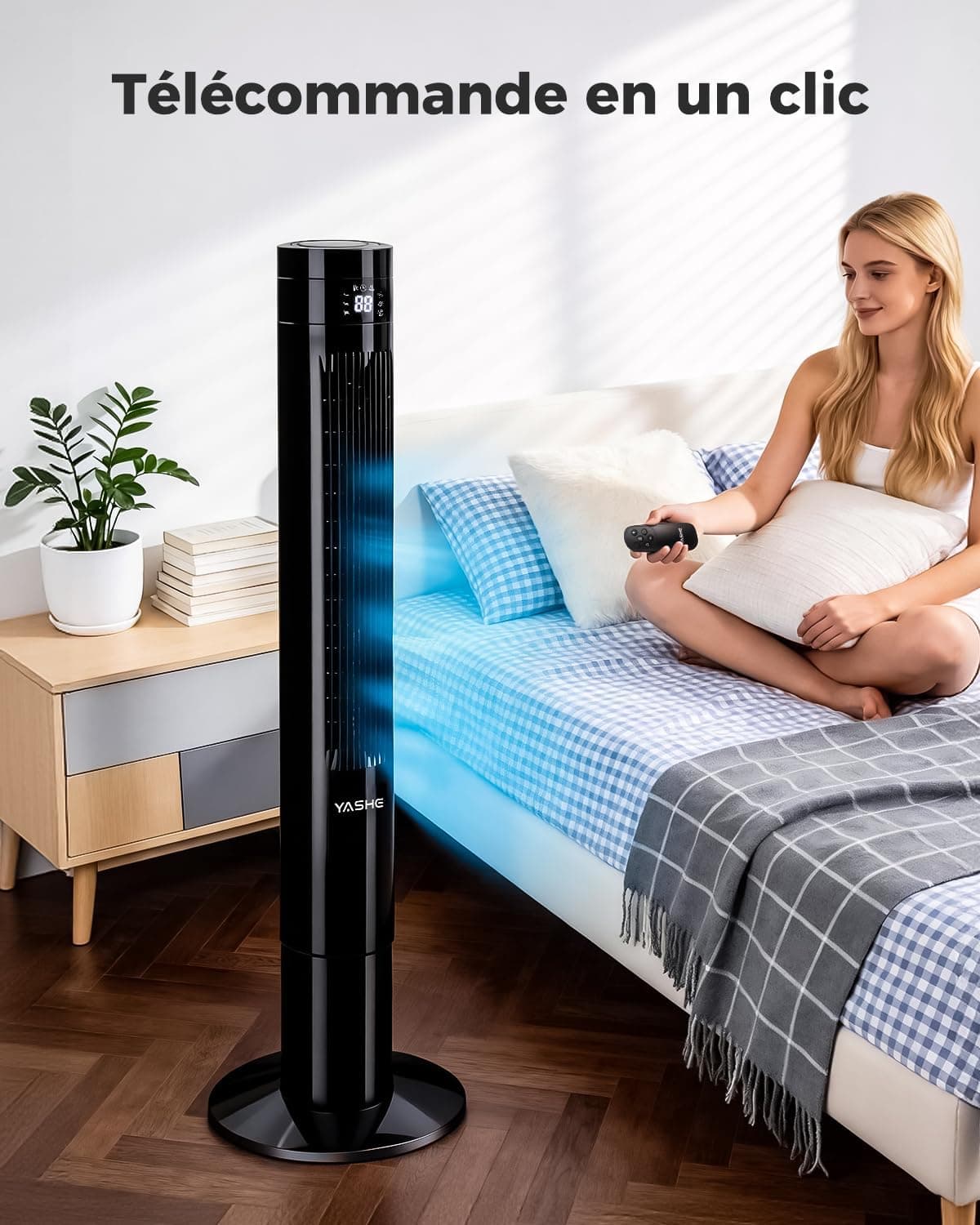YASHE Ventilateur colonne 110 cm avec télécommande, silencieux 28 dB | Oscillation 85°, 12 h minuterie, 3 modes, 3 vitesses et affichage LED, idéal pour chambre, bureau et maison