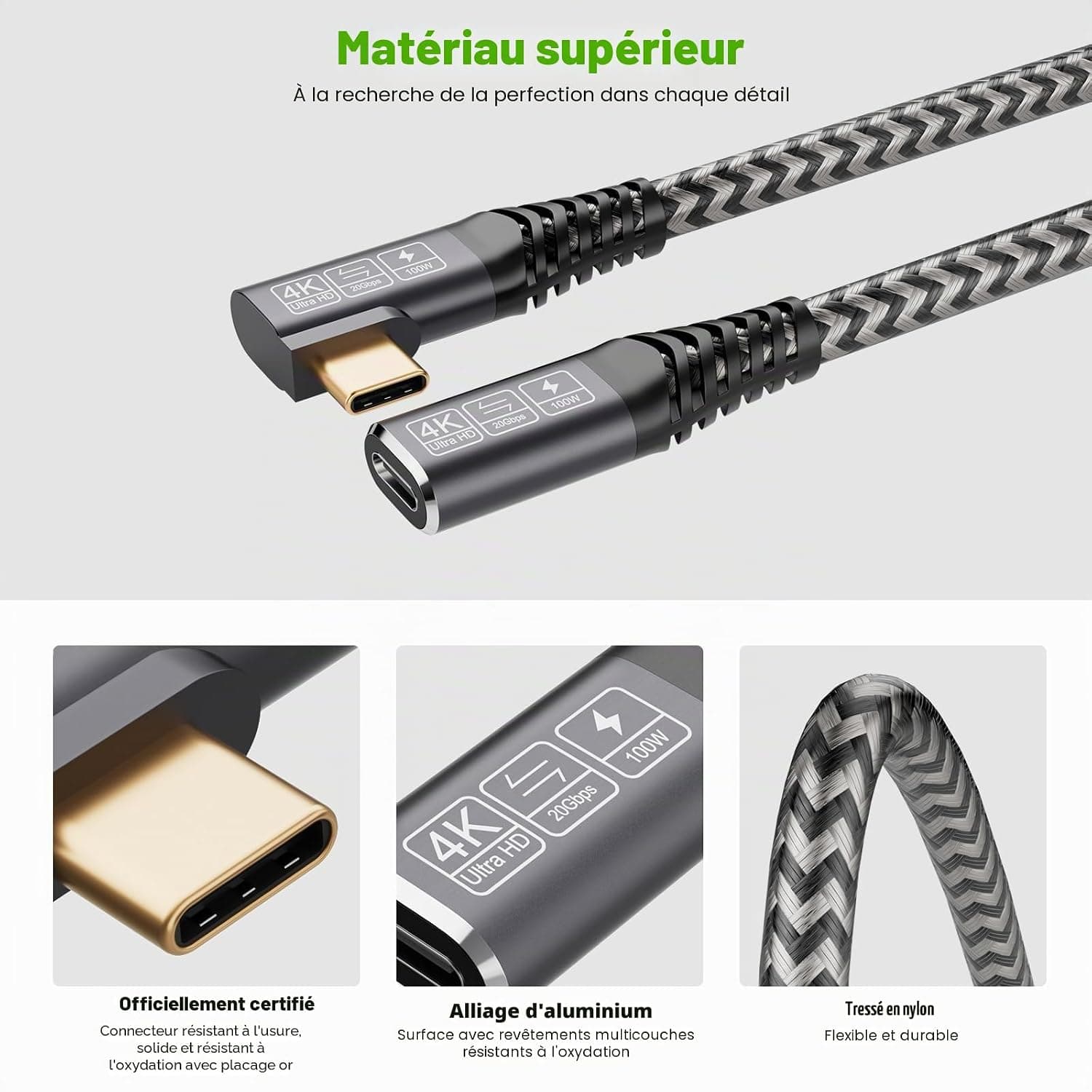 CAKOBLE Rallonge USB-C 3.2 Gen2 20Gbps 100W/5A - Câble Coudé 25cm Compatible avec Hub, Dell XPS, Chargeur - 4K@60Hz