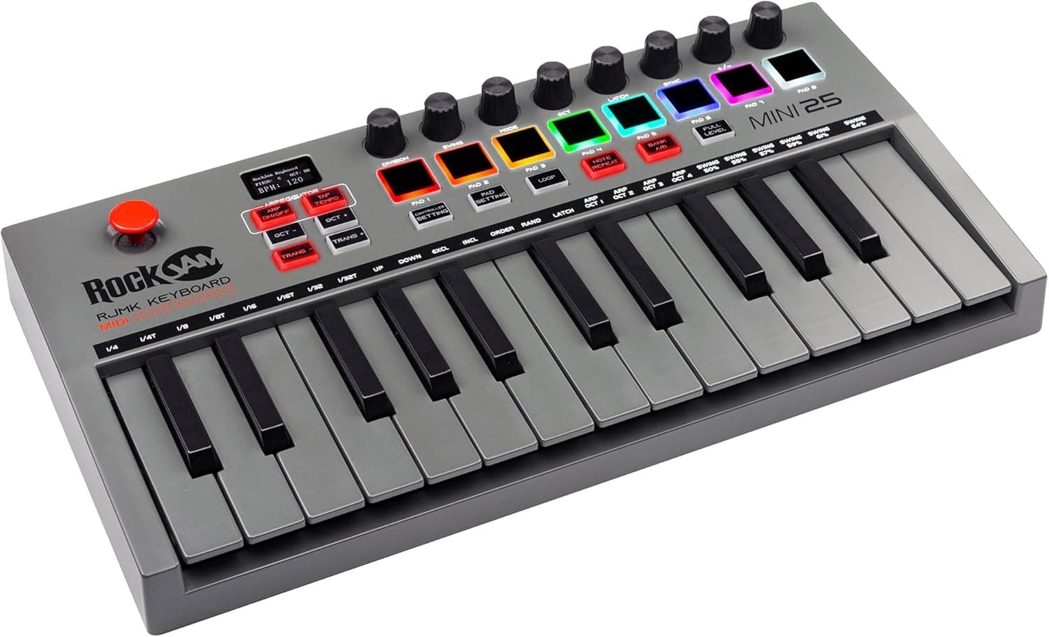 RockJam Go 25 Key USB & Bluetooth MIDI Keyboard Controller With 8 Backlit Drum Pads, 8 Knobs