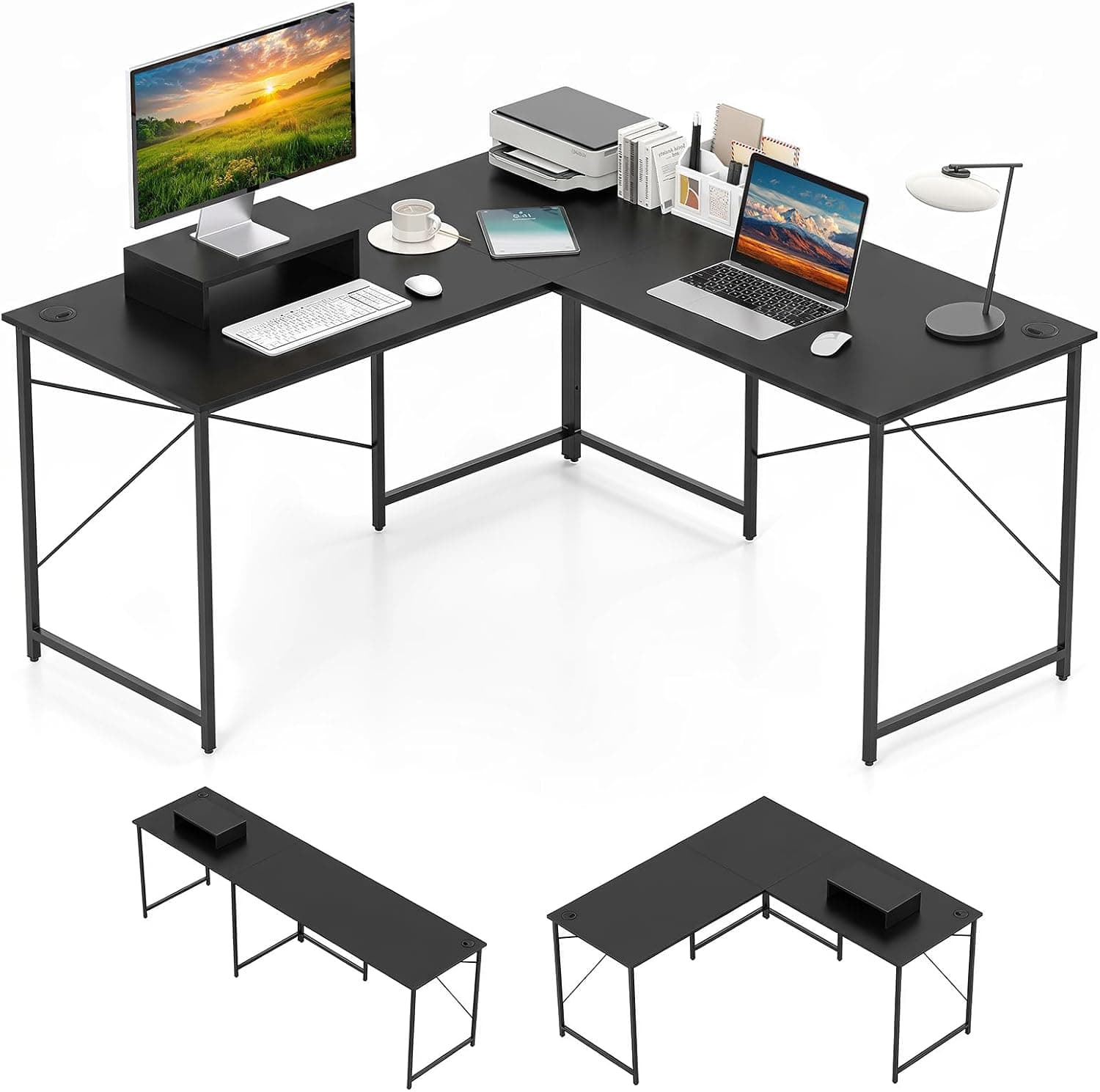 COSTWAY Bureau d'angle en L Réversible avec Support de Moniteur, Poste de Travail Industriel pour 2 Personnes avec 3 Trous de Câble, Assemblage Facile, 150 x 150 x 74 cm (Noir)
