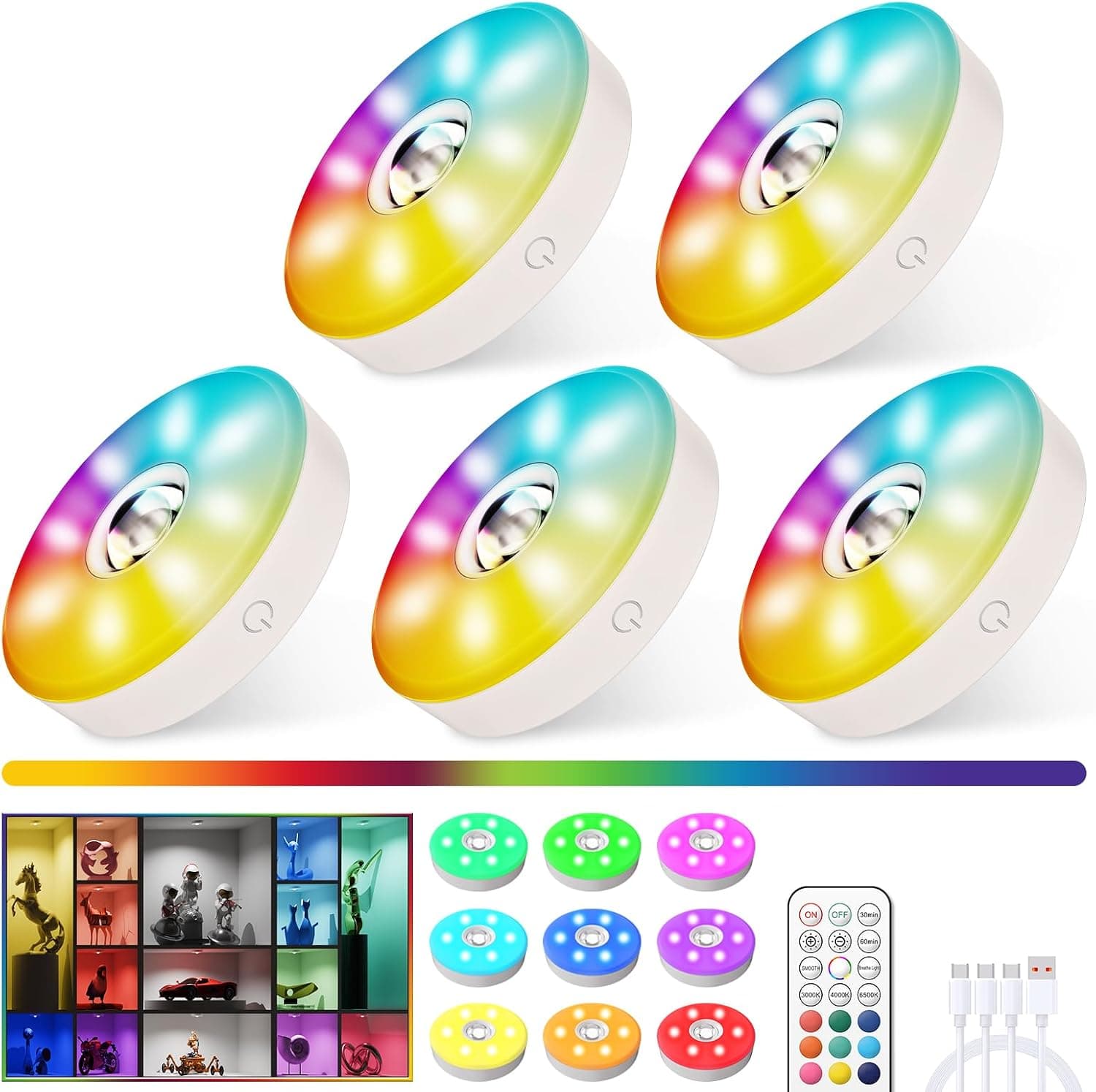 Lumières LED rechargeables avec télécommande, 12 couleurs changeantes, lumières LED RVB sans fil pour chambre à coucher et placard, lumières magnétiques à intensité variable sous comptoir pour cuisine