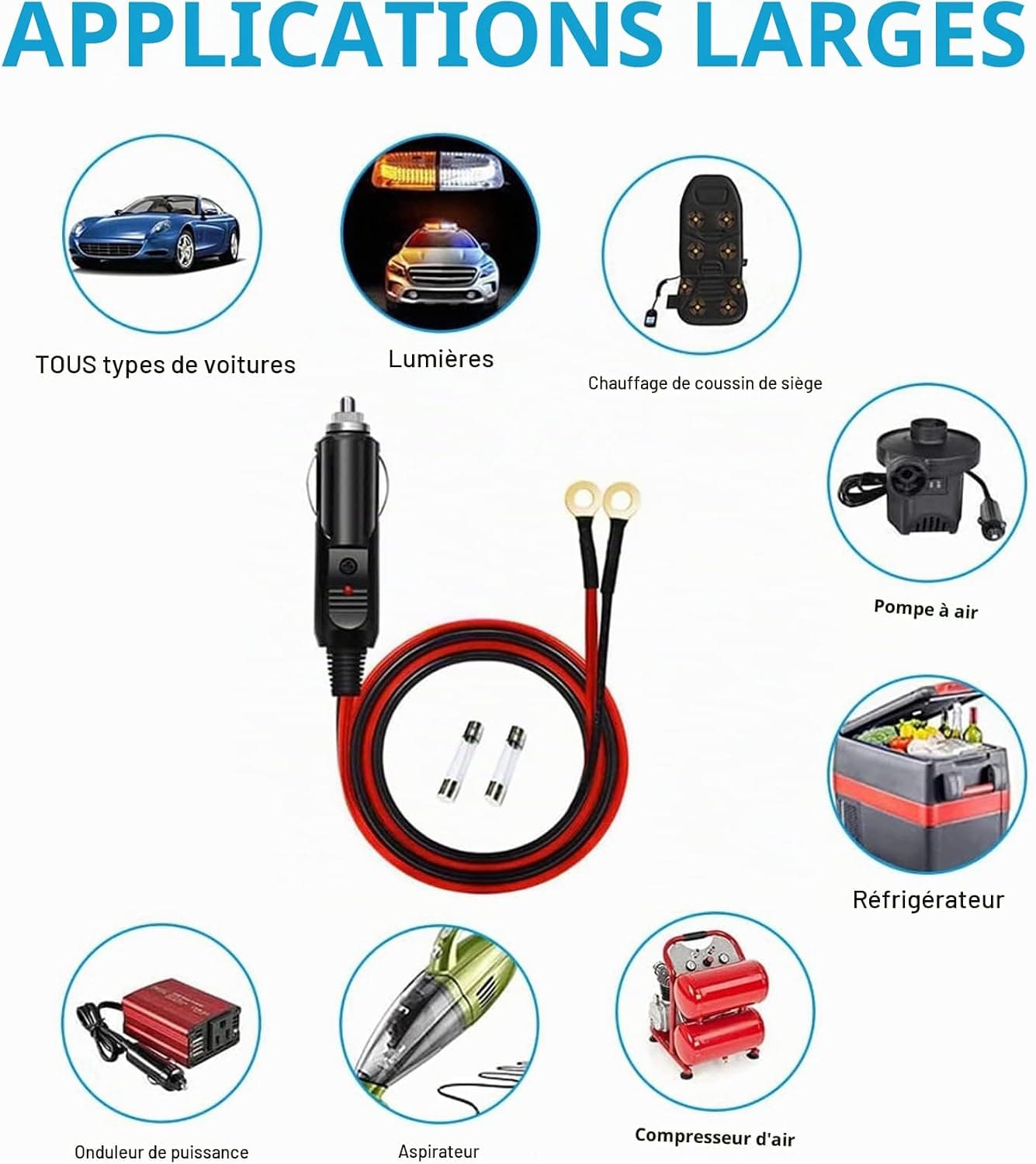 Prise Allume-Cigare Mâle 0,6m-borne à œillet Cordon d'alimentation à ressort 16 AWG Câble robuste fusionné DC Alimentation 12/24 V Prise Pour Onduleur de Voiture Gonfleur de Pneu Pompe à Air